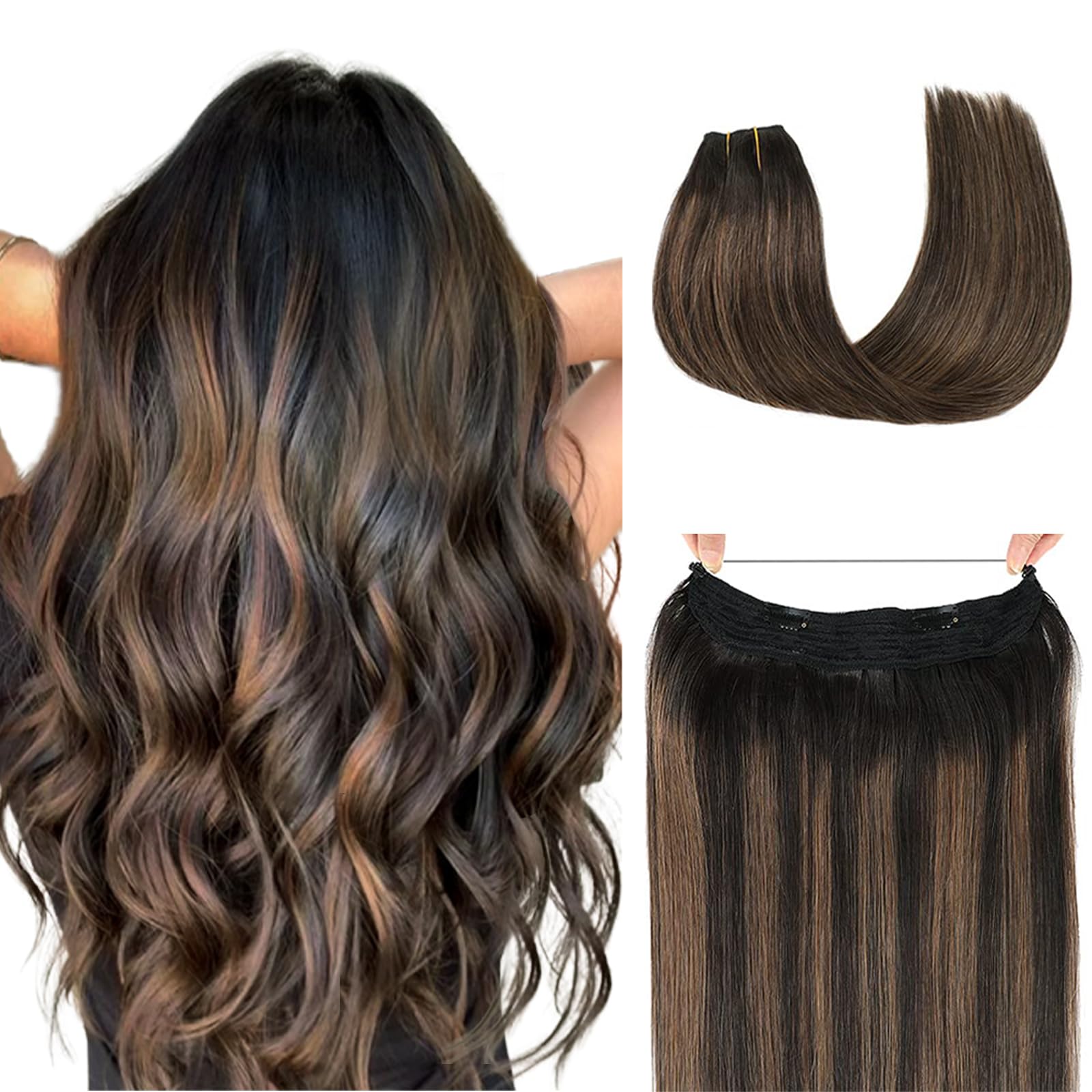 Star Show 100% Real Human Hair Extensions - Natural Black & Chestnut Brown Straight Hair - Invisible Wire Fish Line - 16 Inch Clip-in Hair Extensions for Women - Perfect for Daily Wear, Parties & Special Occasions