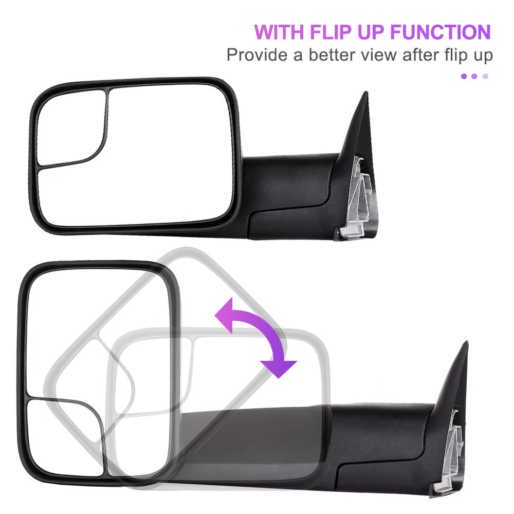 INEEDUP Towing Mirrors for Dodge Ram 1500/2500/3500 (1994-2002) - Manual Adjust Textured Flip-Up Mirrors (Pair) - Left & Right Side Non-Heated Tow Mirrors - Perfect for Towing Trailers, Boats & Campers