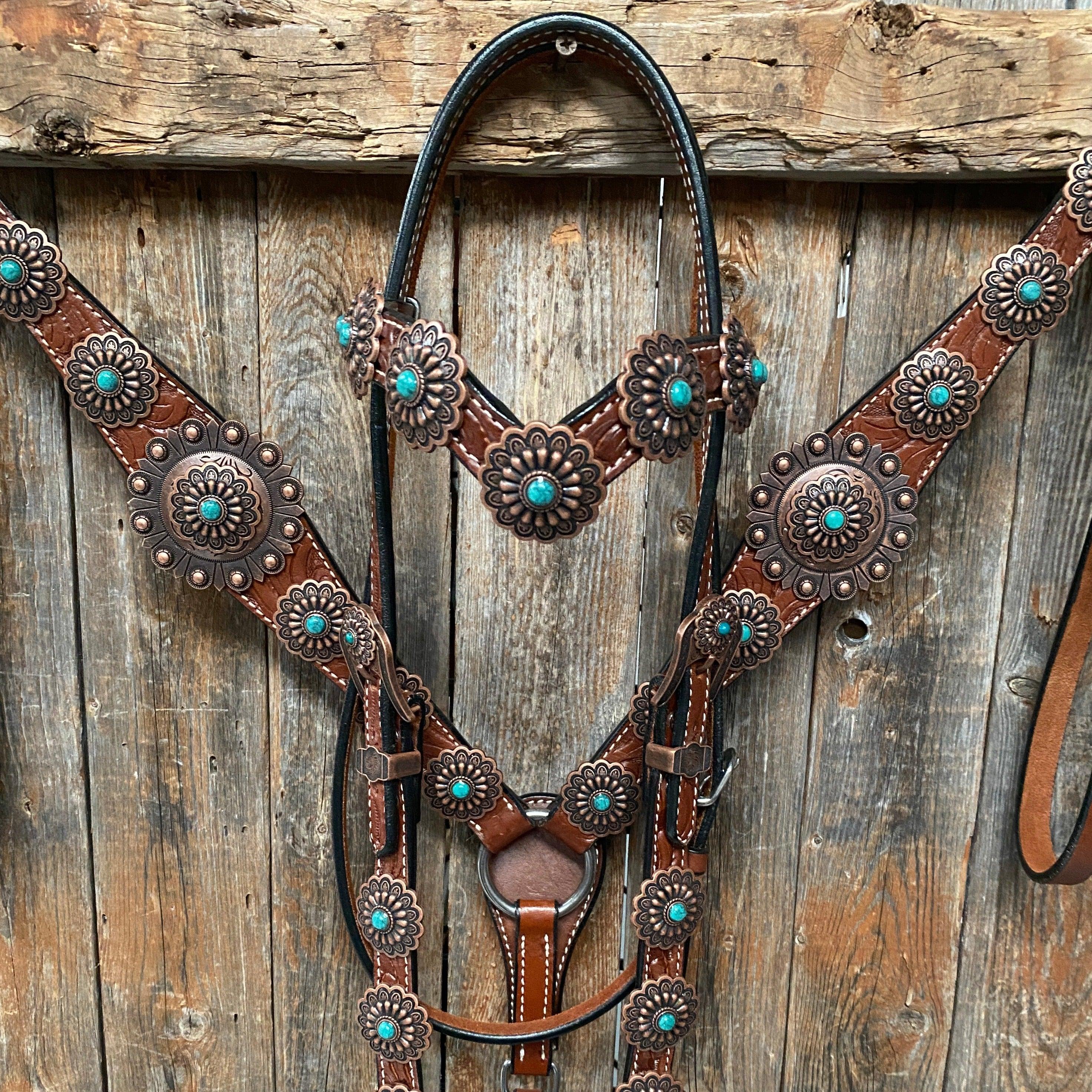 Medium Oil Copper Turquoise Browband Tack Set for Horses - Western Style Equestrian Bridle Accessories #BBBC468 | Perfect for Show, Trail Riding, and Ranch Work