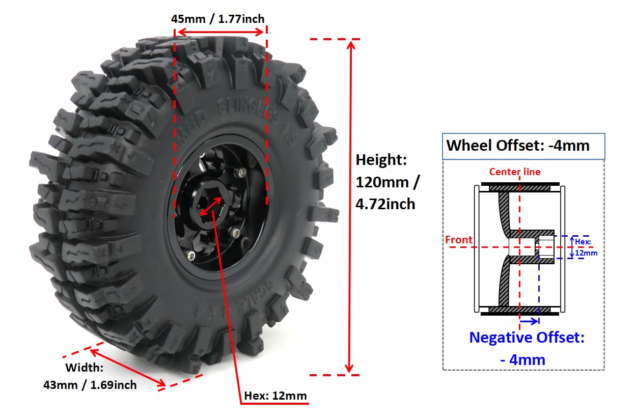 HOBBYSOUL 1.9 Mud Slingers RC Crawler Tires 120mm with Aluminum Beadlock Wheels - Black Soft Sticky 1.9 Tires & Wheels Set for 1/10 Scale Rock Crawler SCX10 Capra TRX4 Gen8 (4-Pack Pre-Assembled) - Perfect for Off-Road Trails, Rock Climbing & RC Crawling Competitions