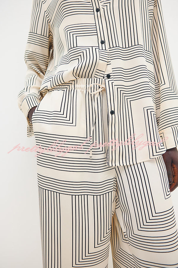Stylish Printed Lapel Long Sleeve Blouse with Elastic Waist Casual Pants Set - Women's Loose Fit Wide Leg Trousers & Pocket Details for Office, Travel and Everyday Wear