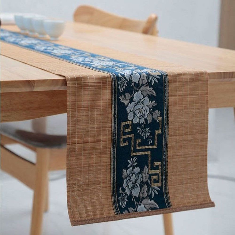 Eco-Friendly Bamboo Blue Embroidery Tea Table Mat - Handmade Placemat for Hot Pots, Tea Ceremony & Dining Table Decor - Perfect for Home, Kitchen and Gift Giving