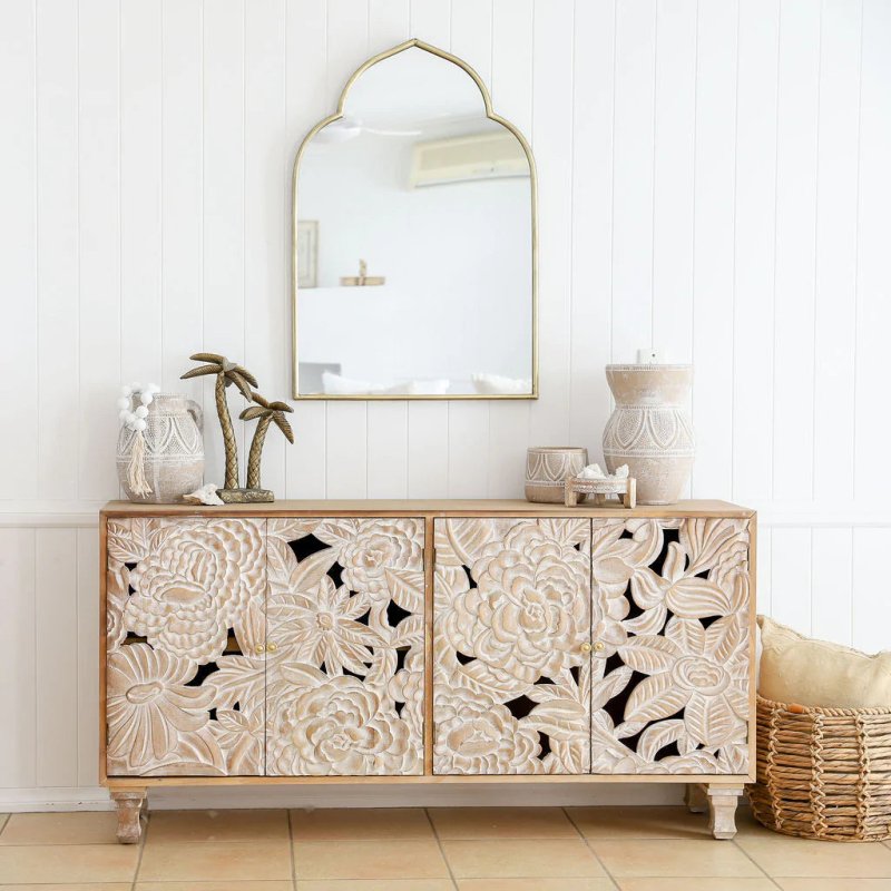 Hand Carved Large Floral Wood Sideboard Cabinet - Rustic Farmhouse Buffet Storage for Dining Room & Living Room