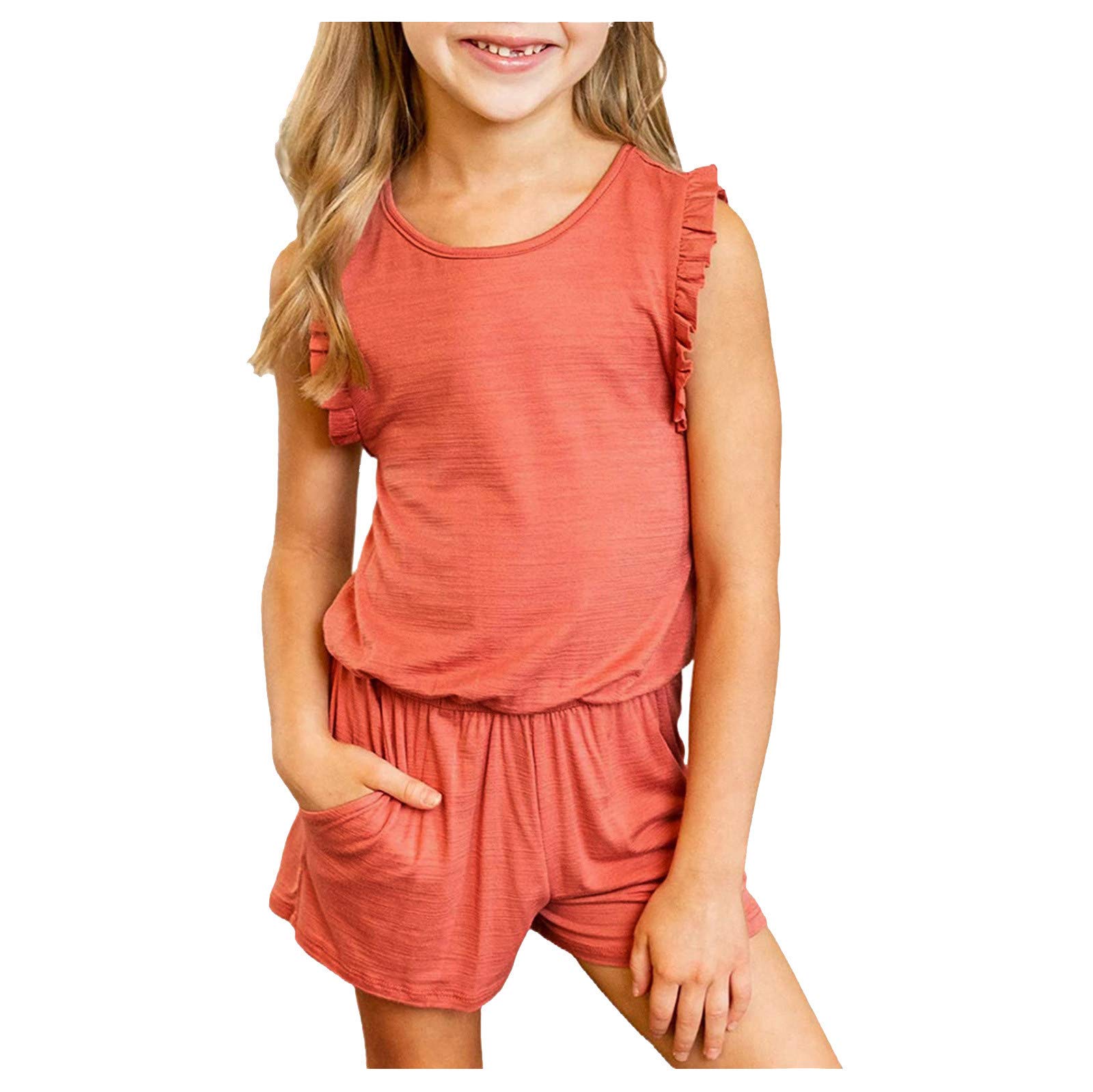 Salaheiyodd Girls Kids Sleeveless Romper with Ruffles & Pockets - Casual Summer Outfit for Toddler Playdates, Beach Trips & Outdoor Adventures
