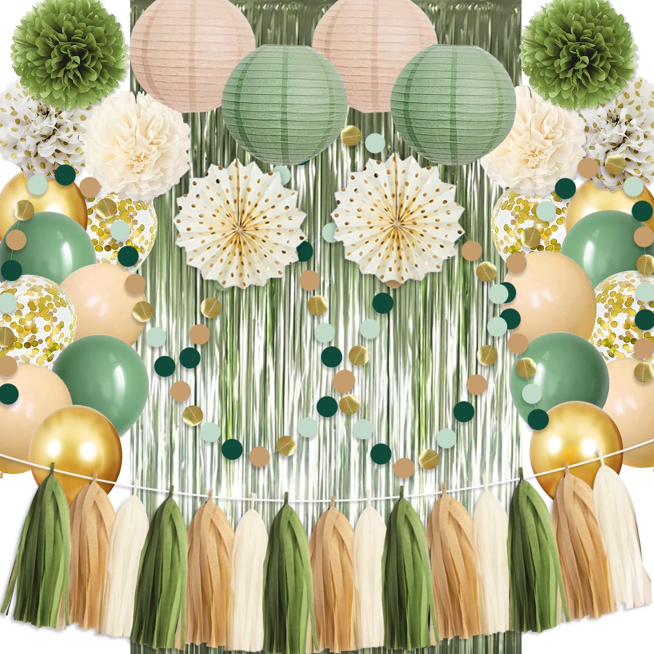 Sage Green Gold Party Decor Kit - 45Pcs Balloons & Pompoms for Weddings & Baby Showers