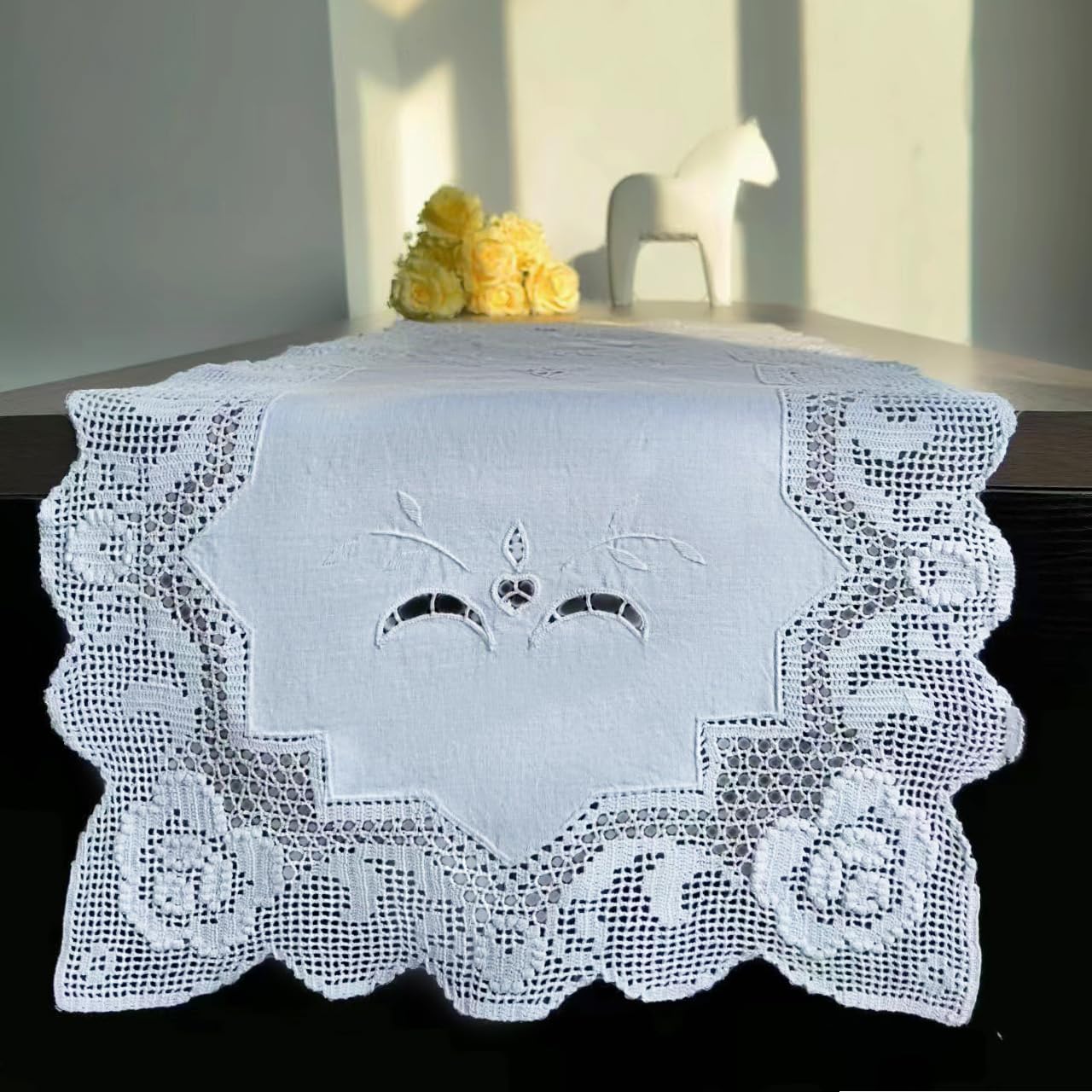 Handmade Cotton Crochet Lace Table Runner - 16x36 Inch White Rose Design for Coffee Tables, Dining Tables, Wedding Decor & Home Decoration