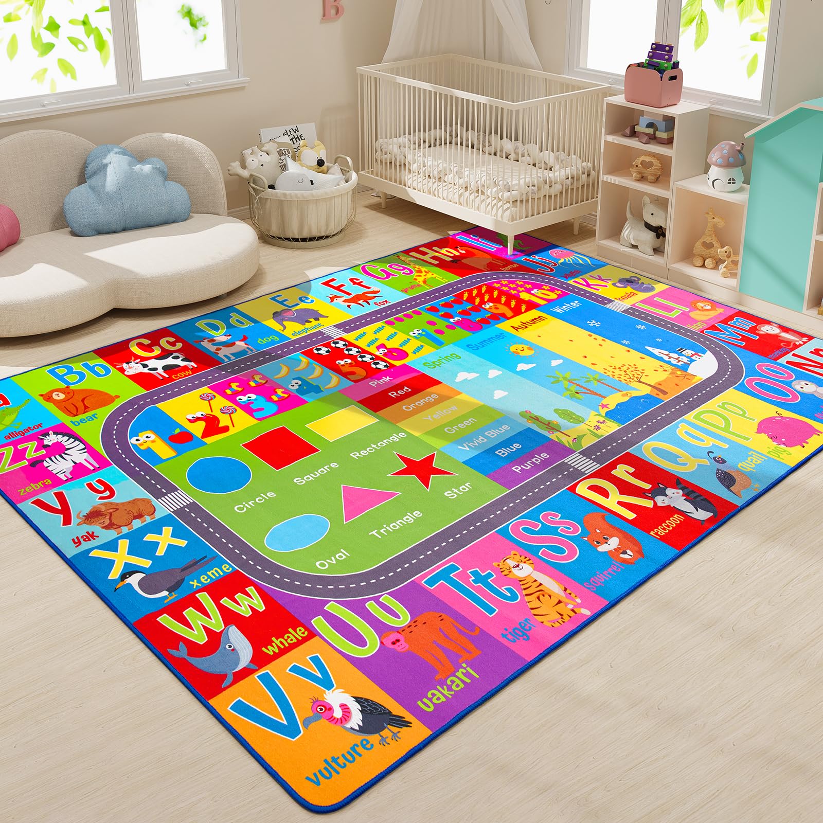 Premium HOMORE Kids Educational Rug 7x10 ft - Alphabet, Numbers, Colors, Seasons & Animals Learning Playmat for Classroom, Playroom & Homeschooling - Non-Slip Children's Activity Carpet for Early Education