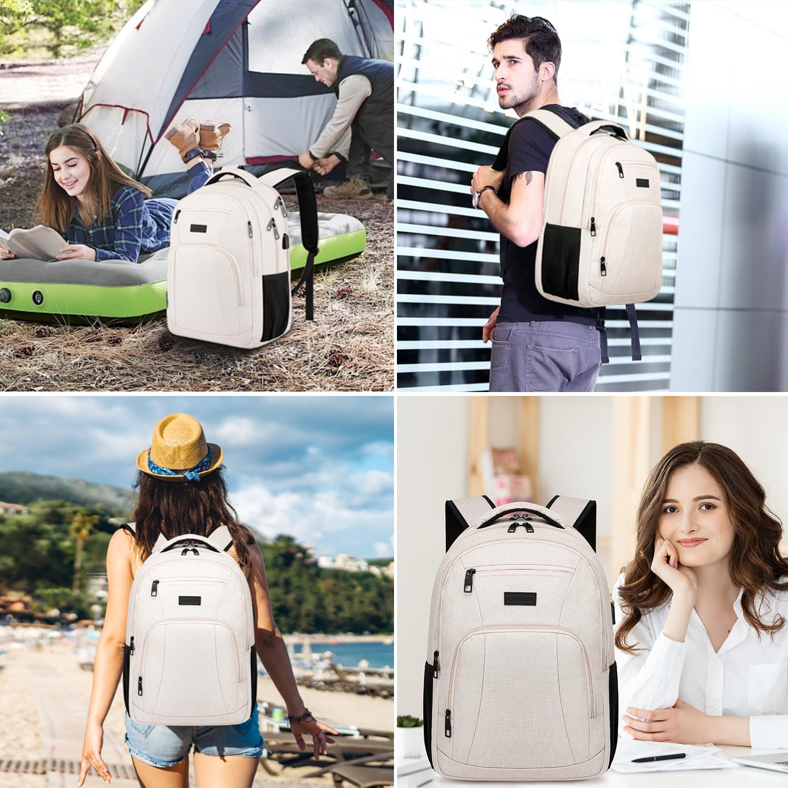 Durable School Backpack for Teens & College Students - Laptop Backpack with USB Charging Port, Ergonomic Book Bag for Men & Women (Beige) - Perfect for School, Travel & Daily Commute