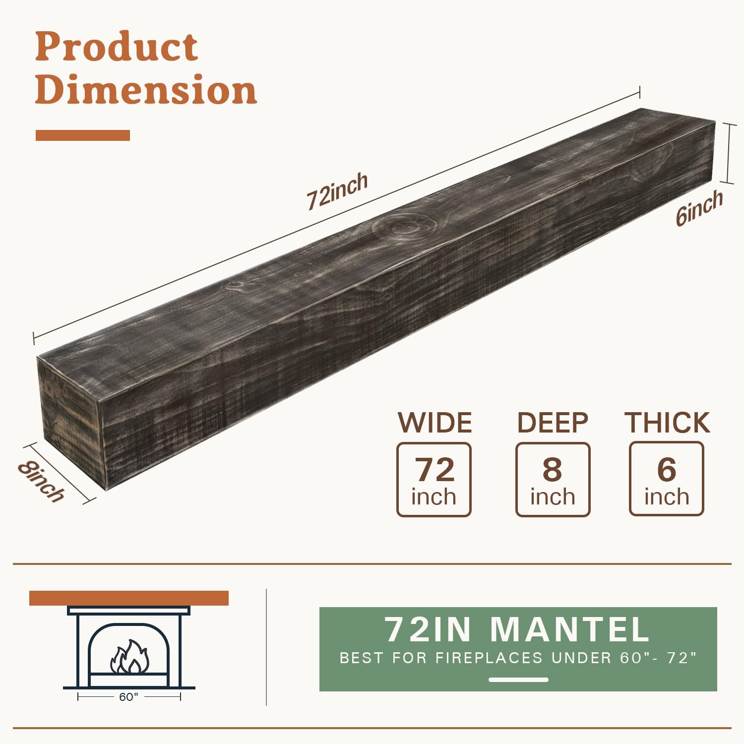 72 Inch Handcrafted Farmhouse Fireplace Mantel Shelf - Solid Wood Floating Wall-Mounted Mantle for Over Fireplace, Taupe - Perfect for Living Room, Bedroom & Rustic Home Decor