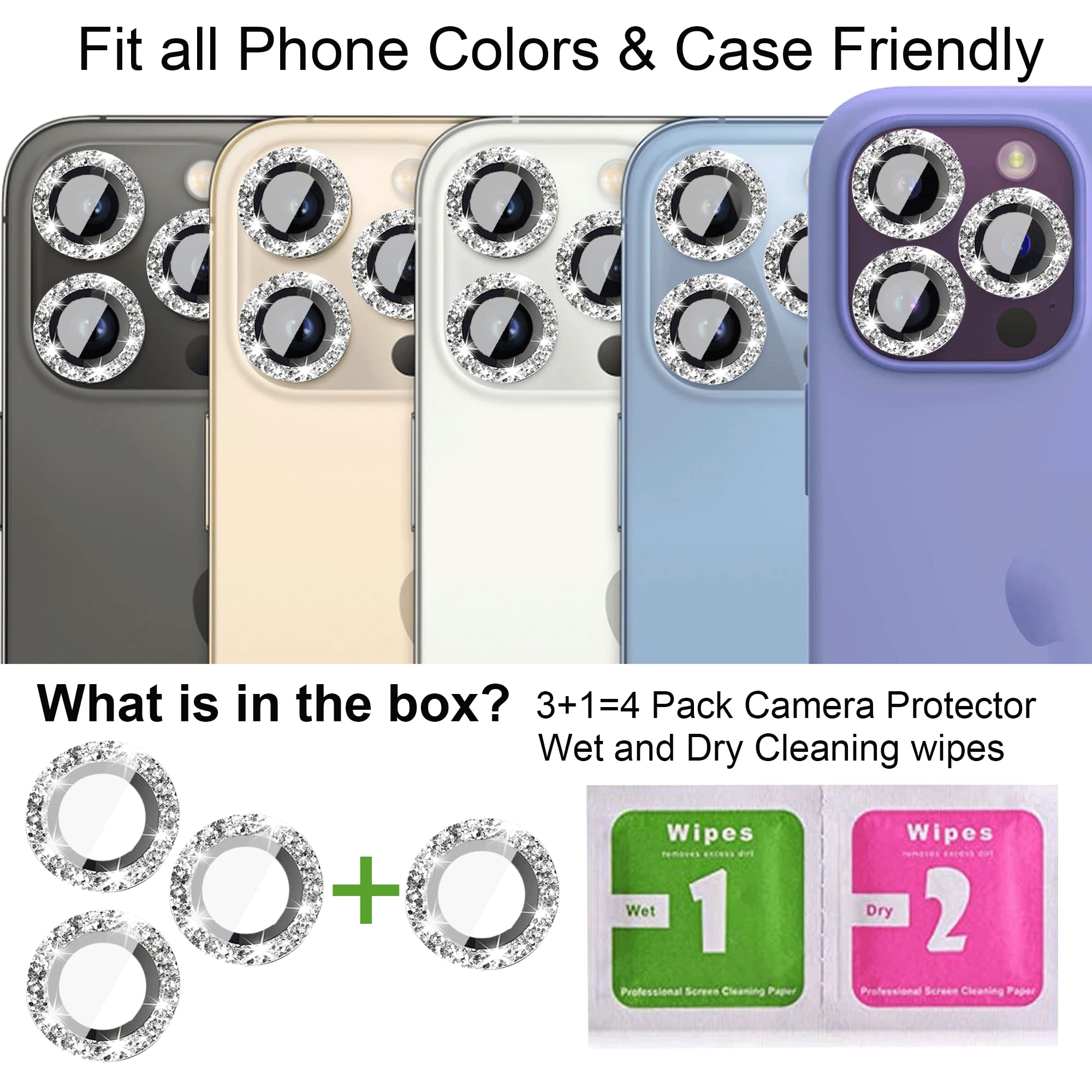 3 Pack Bling Camera Lens Protector for iPhone 12/12 Pro/12 Mini/11/11 Pro/11 Pro Max - HD Tempered Glass Screen Protector with Glitter Design - Silver Back Cover Accessories for Photography & Daily Protection