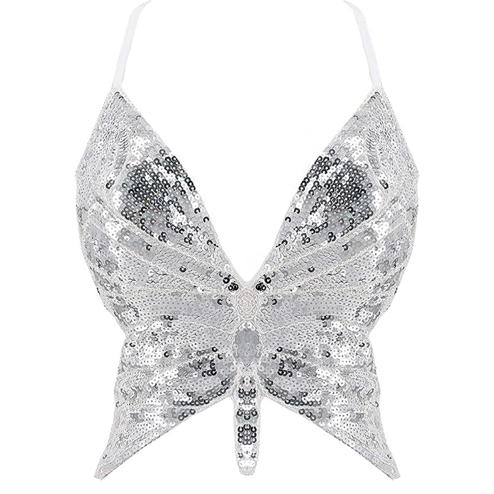 Sparkly Butterfly Sequin Crop Top for Women - Sexy Glitter Halter Tank Top with Strappy Backless Design - Perfect for Belly Dance, Latin Dance, and Dance Costumes