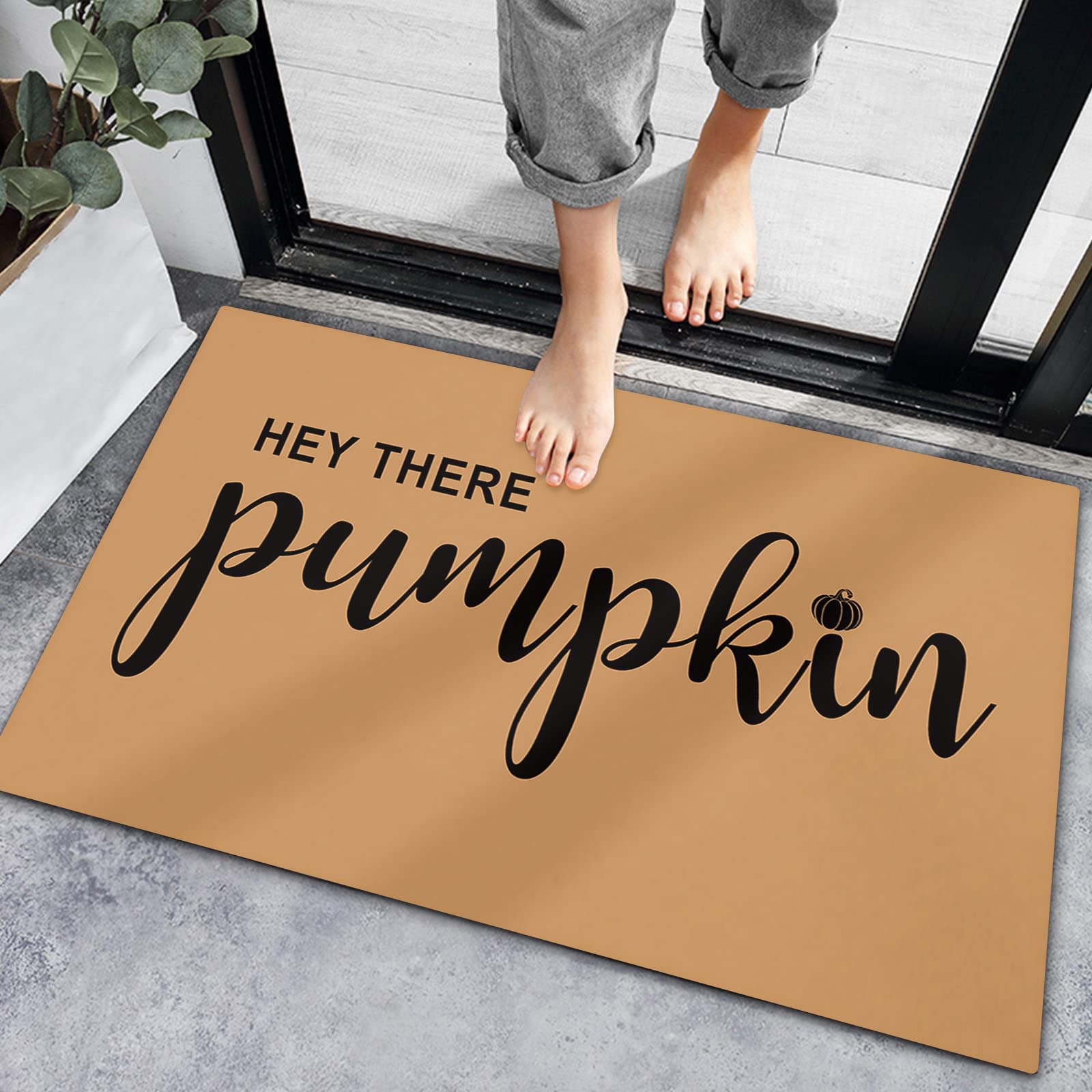 Non-Slip Indoor Doormat & Bath Rug - Happy Thanksgiving Pumpkin Design on Brown Background, 16x24 Inch Fall Decor Floor Mat for Entrance, Bedroom, Kitchen, Living Room & Bathroom - Perfect for Holiday Home Decor & Cozy Autumn Vibes