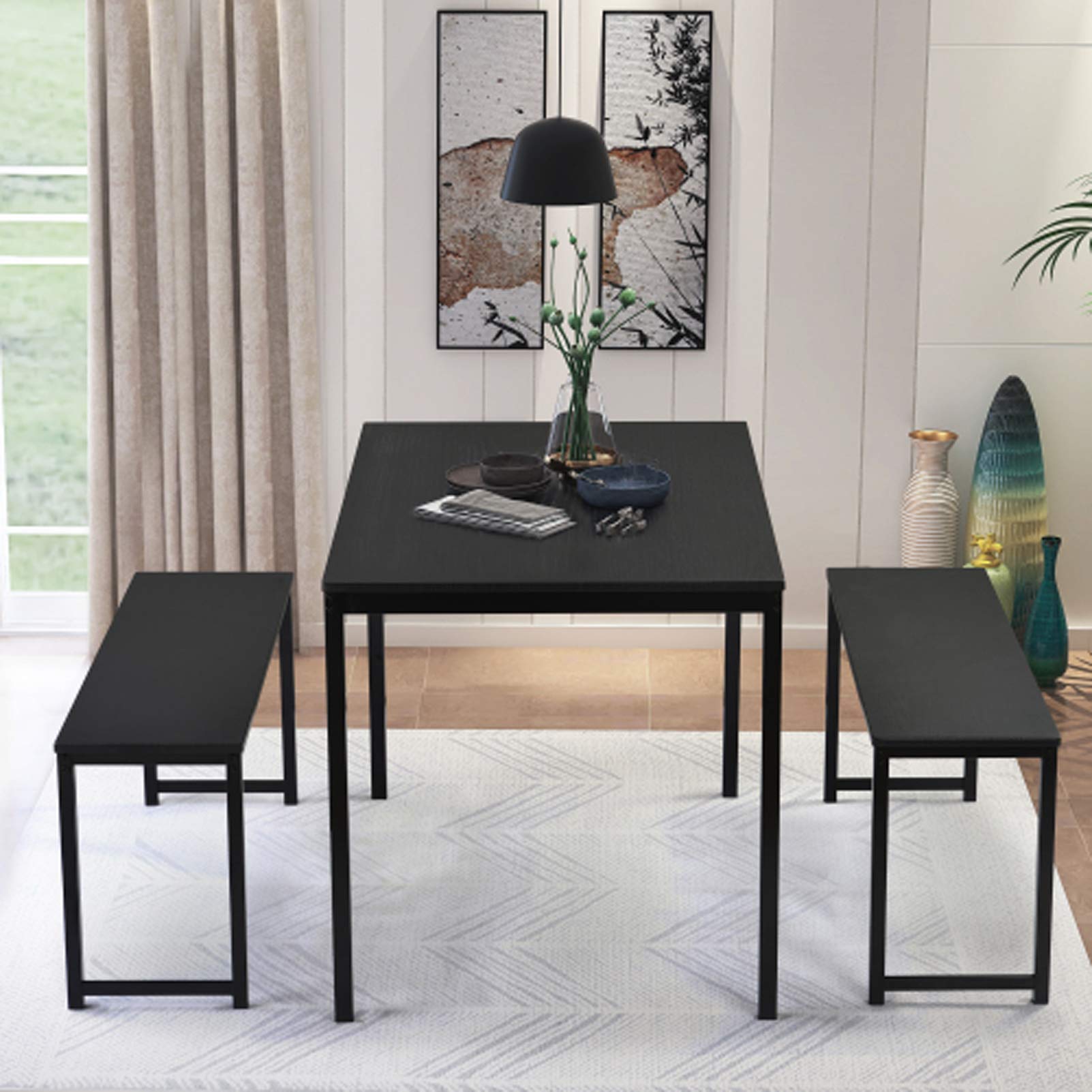Modern 3-Piece Dining Table Set with 2 Benches - Space Saving Wooden Kitchen Furniture with Metal Frame for Small Apartments, Restaurants & Cafes - Easy Assembly Black - Perfect for Compact Dining Rooms, Breakfast Nooks & Bistro Settings