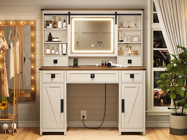AOGLLATI Farmhouse Vanity Desk with Mirror & LED Lights - Large White Makeup Vanity Table with USB Charging Station, Ample Storage & Sliding Mirror - Perfect for Bedroom, Dressing Room & Bridal Makeup (Antique White)