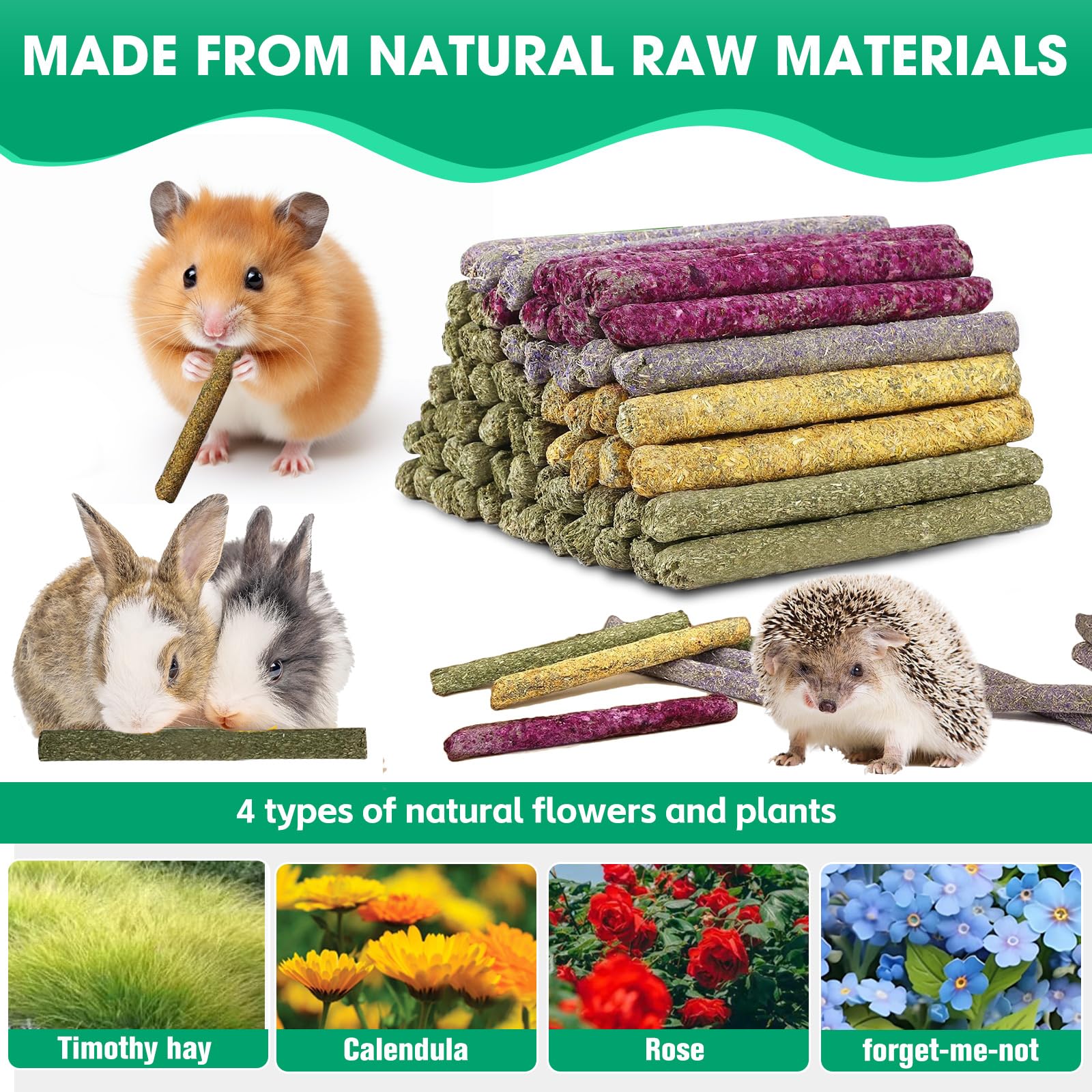 33 Pcs Natural Timothy Grass Rabbit Chew Sticks - Safe Molar Teeth Chew Toys for Rabbits, Guinea Pigs & Small Pets - Mixed with Dried Flowers for Dental Health - Perfect for Cage Enrichment & Playtime