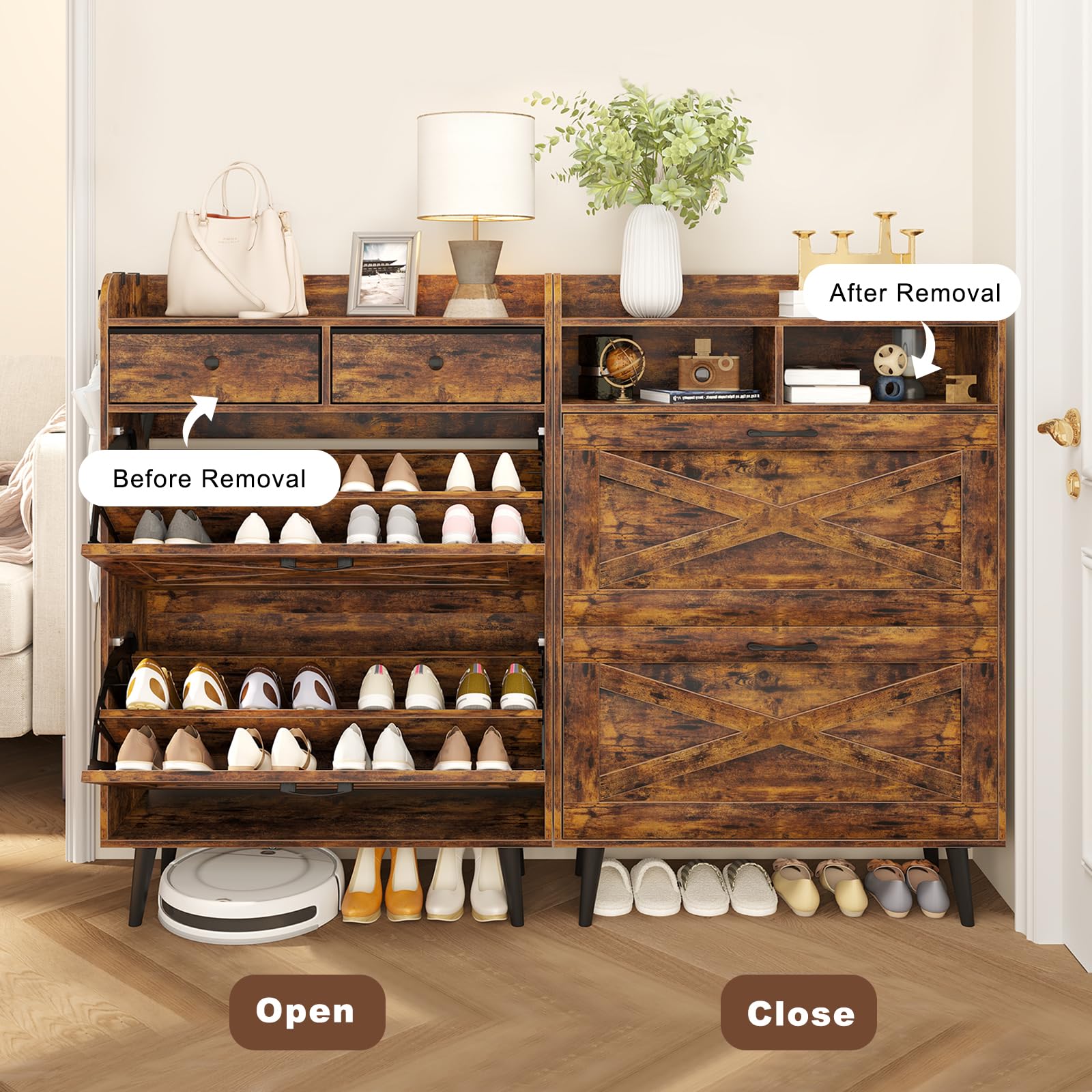 Farmhouse Shoe Storage Cabinet with 2 Flip Drawers & 2 Fabric Bins - Rustic Brown Freestanding Entryway Organizer for Narrow Spaces - Perfect for Mudroom, Closet or Small Apartment Shoe Organization