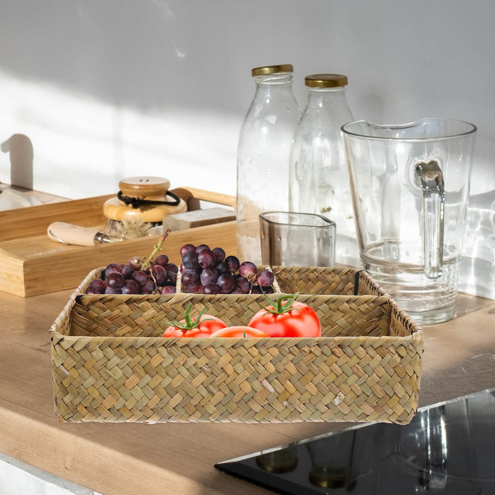 HEMOTON Seagrass Storage Basket - Natural Desktop Organizer for Snacks, Toys, Sugar Packets & Fruits | Eco-Friendly Home Decor & Kitchen Storage Solution | Perfect for Living Room, Office or Nursery Organization