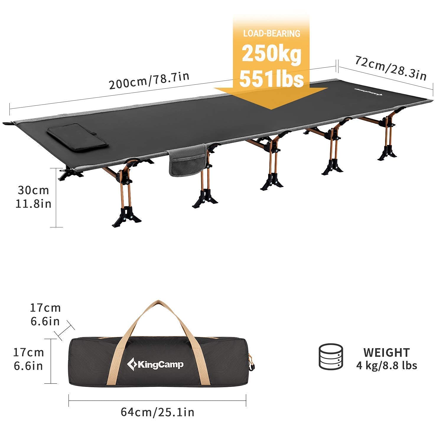 KingCamp Ultralight Folding Camping Cot with Mattress - Portable Bed for Outdoor Camping, Hiking, Travel & Tent Use - Compact & Comfortable Sleeping Solution