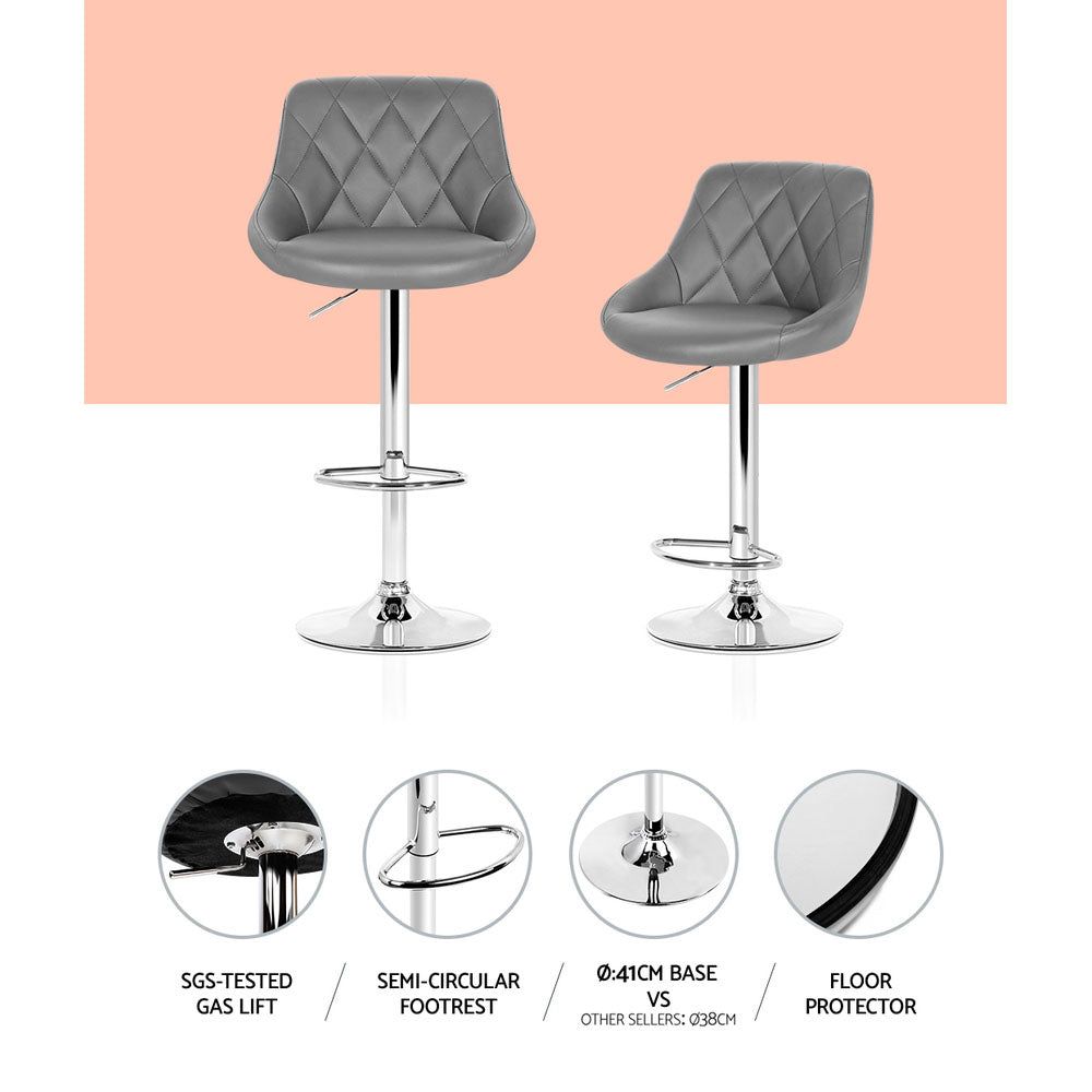 4 Bar Stools with Leather Padded Seats & Gas Lift Mechanism in Grey - Perfect for Kitchen Islands, Breakfast Bars & Home Bars
