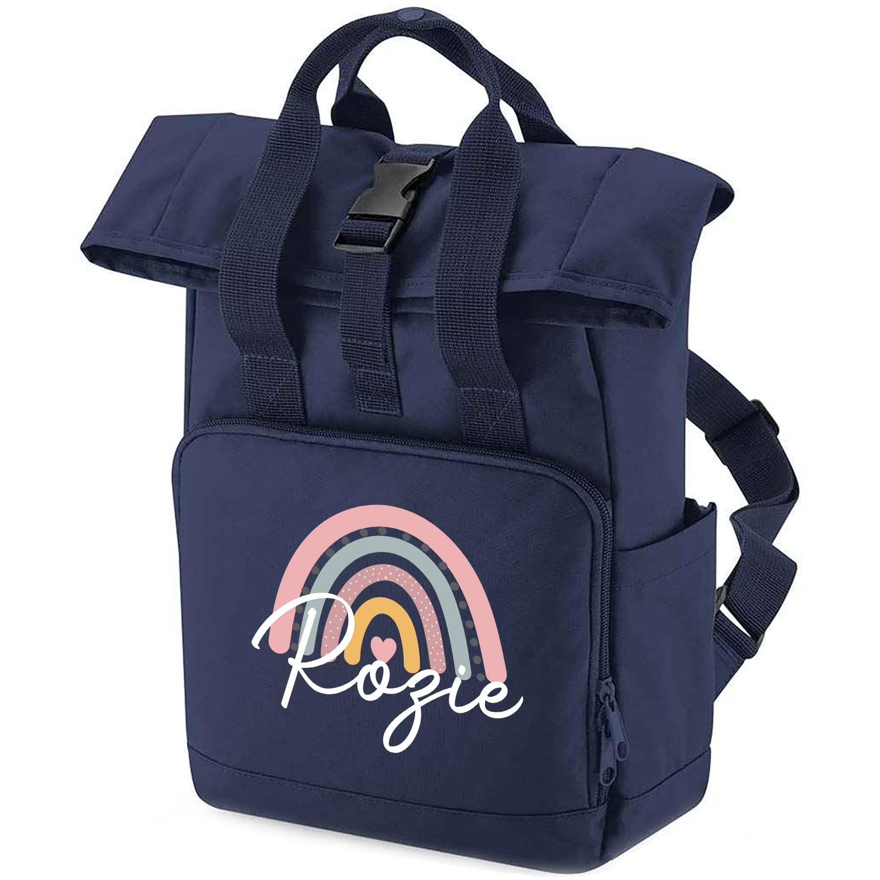 Personalized Rainbow Mini Roll Top Backpack for Girls - Toddler Preschool School Rucksack, Blush Pink Nursery Bag - Perfect for School, Travel & Daily Use as a Cute Little Girl Gift (One Size)