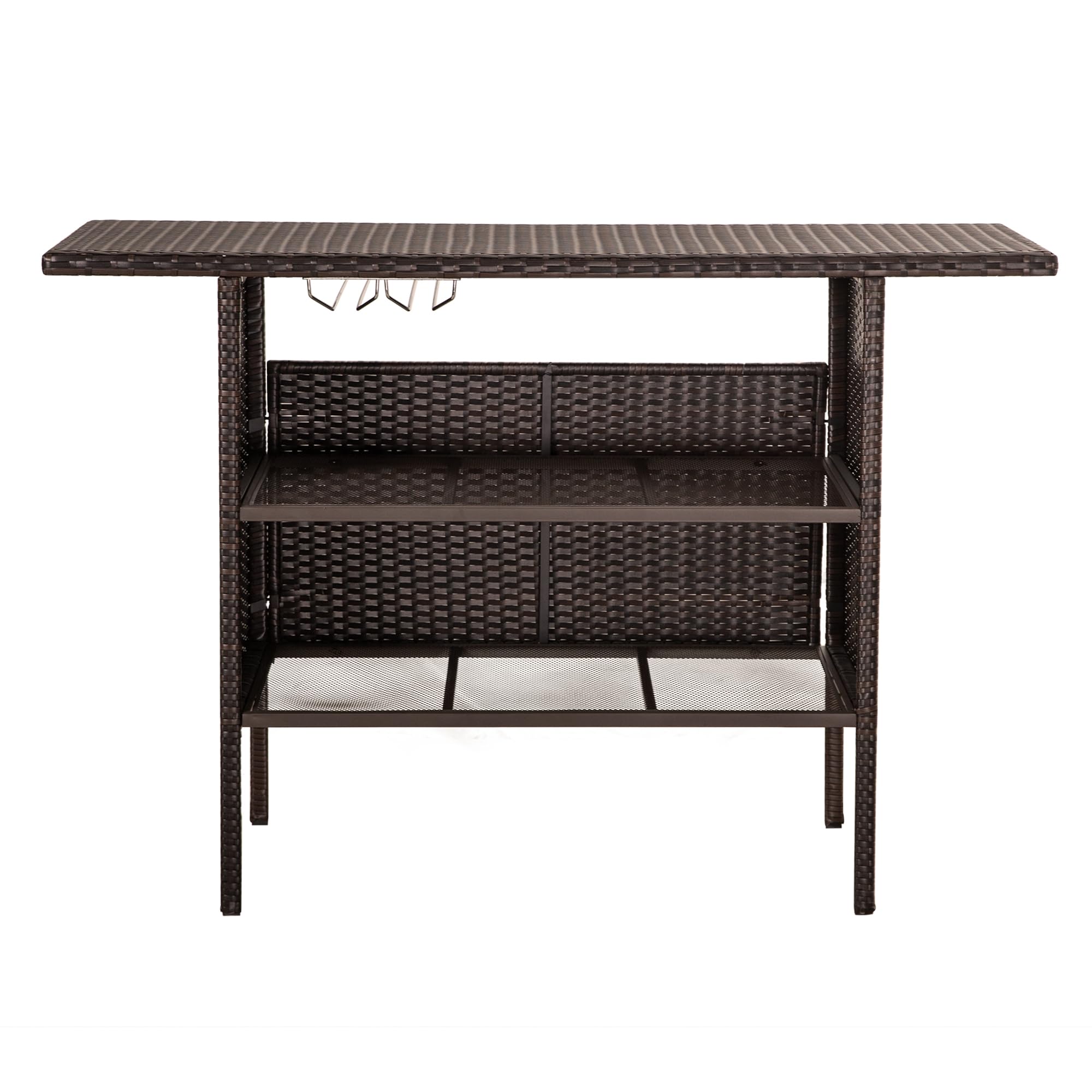 Outdoor Wicker Bar Table with 2 Steel Shelves & Wine Glass Holders - Patio Rattan Counter Table for Backyard, Garden & Poolside - Perfect for Entertaining Guests & Outdoor Dining