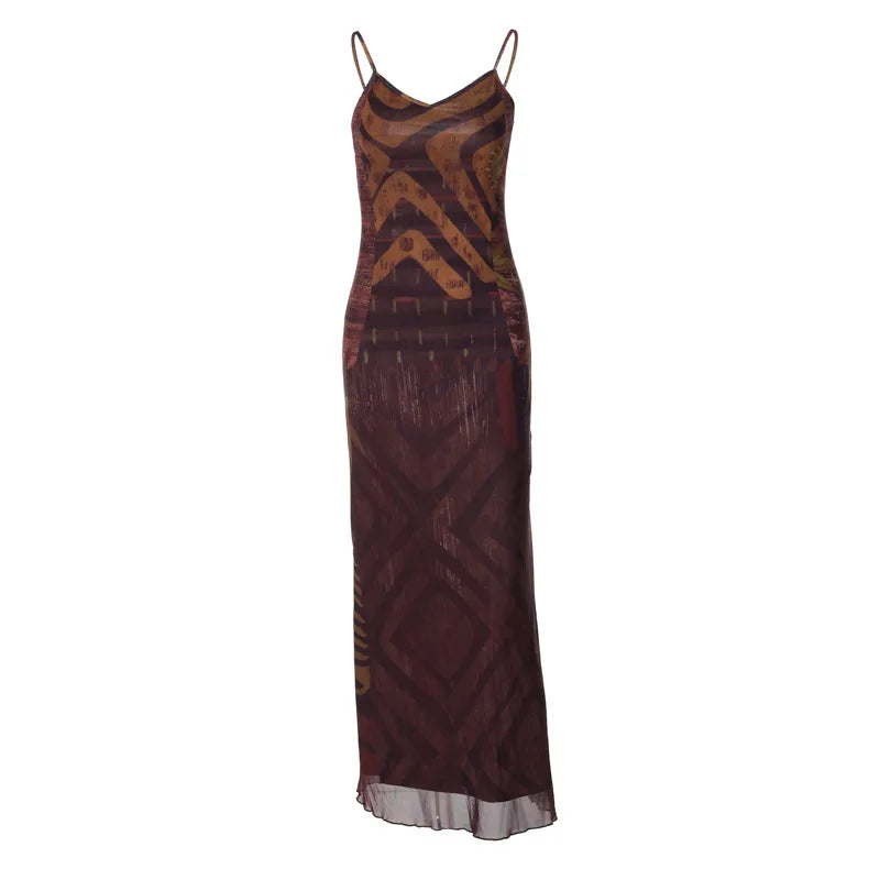 Sexy Abstract Brown Print Mesh Summer Dress for Women - Spaghetti Strap V-Neck Backless Maxi Dress | Perfect for Beach Vacations, Date Nights & Summer Parties 2024