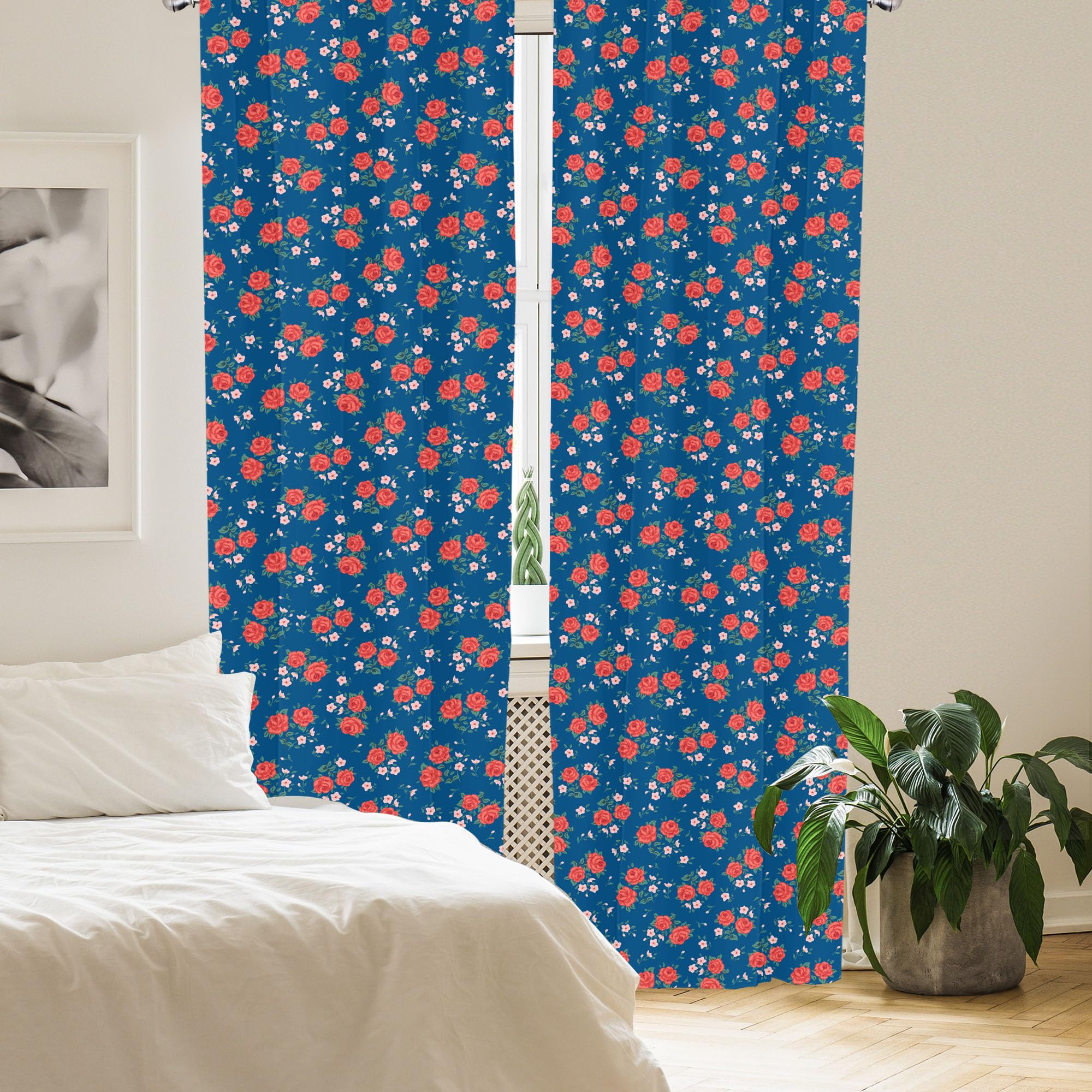Shabby Chic Floral Window Curtains - Blue Country Style Floral Design with Fresh Picked Flowers, Lightweight 2-Panel Set (28x95 Inch) for Living Room & Bedroom - Rod Pocket Jade Green Home Decor