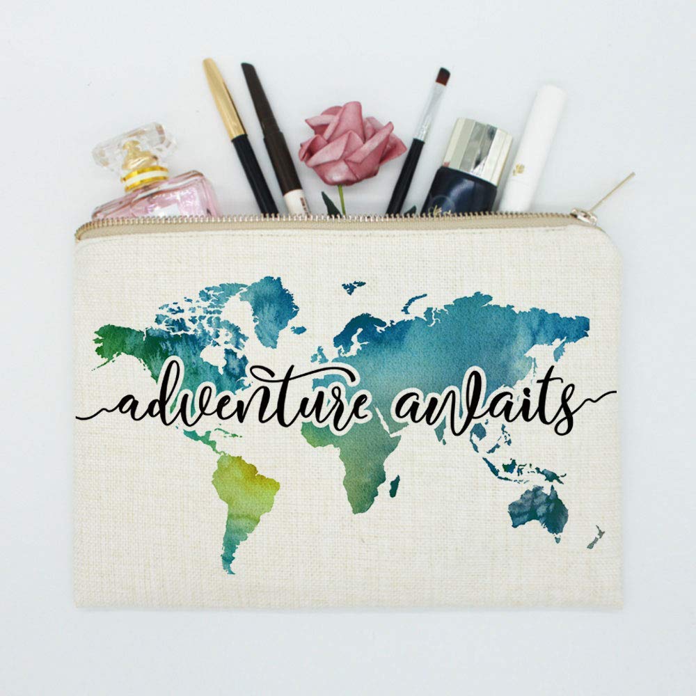 Premium Travel Makeup Bag - Waterproof Cosmetic Organizer with World Map Design, Durable Linen Fabric - Perfect Gift for Women Travelers | Ideal for Vacations, Camping & Business Trips
