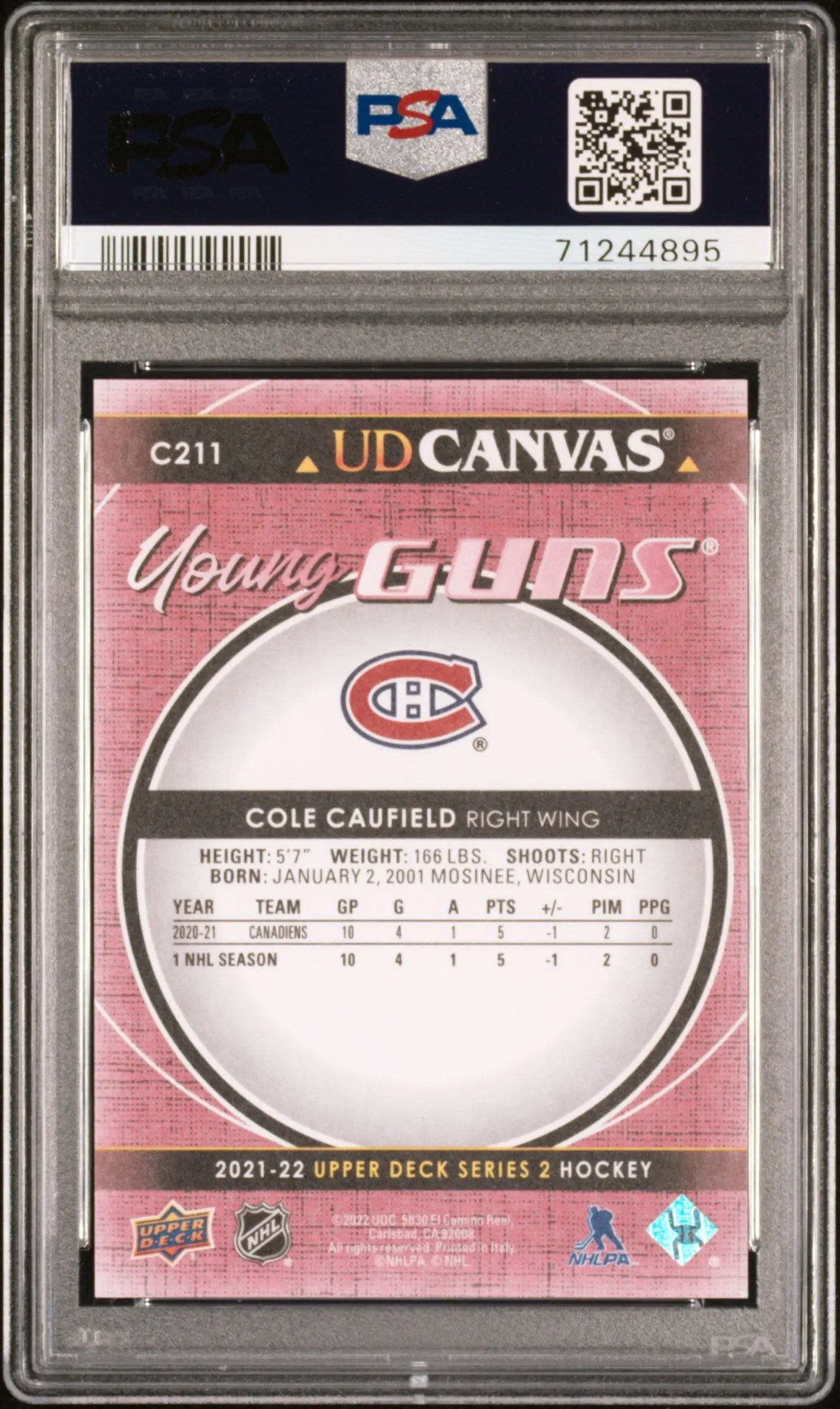2021-2022 Upper Deck Series 2 UD Canvas Young Guns Cole Caufield Rookie Card PSA 9 Mint - Perfect for Hockey Card Collectors and Montreal Canadiens Fans