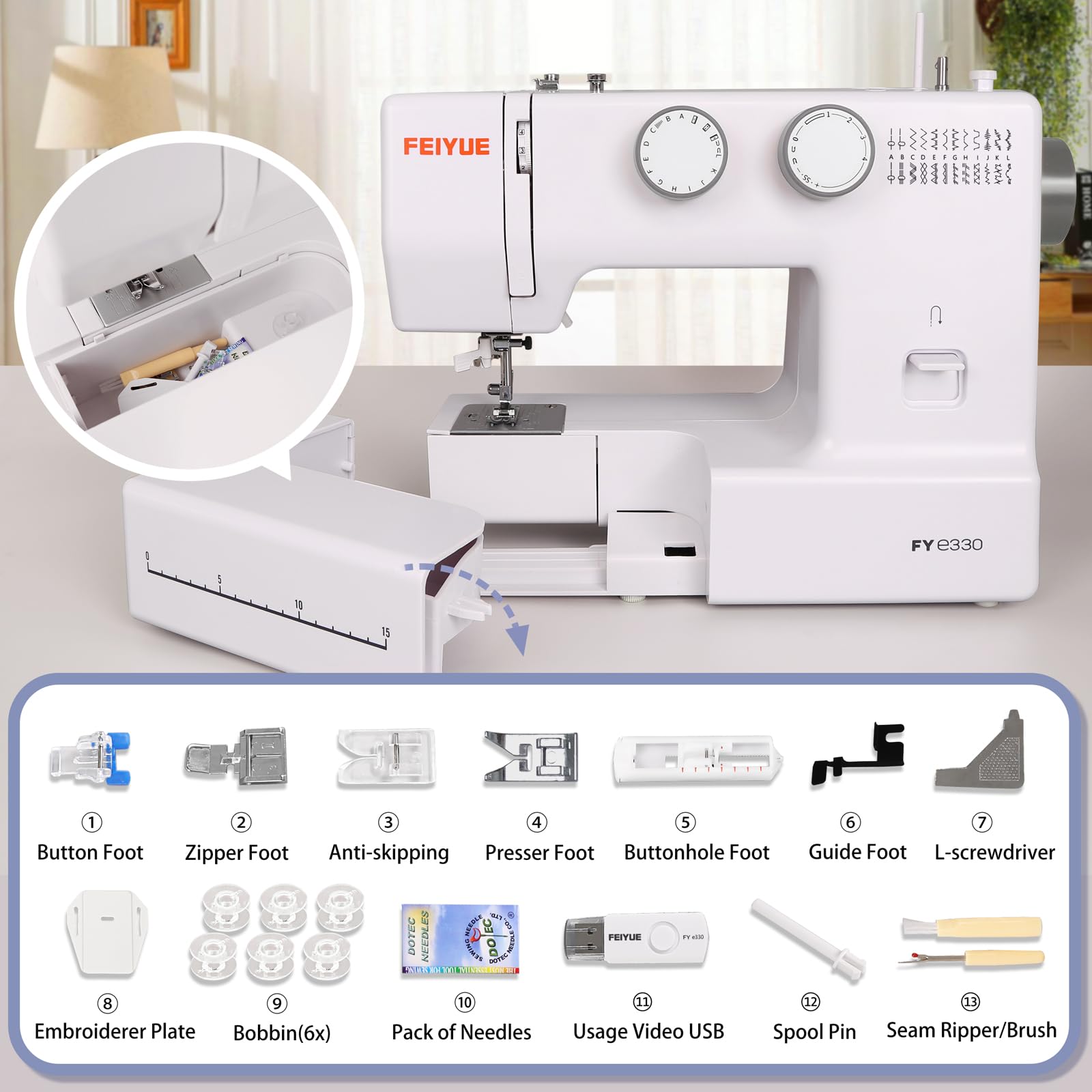 FEIYUE FYe330 Electric Sewing Machine for Home Use with Foot Pedal & Speed Control - 105 Built-in Stitches, Quiet Servo Motor - Perfect for Beginners & DIY Projects (White) - Ideal for Clothing Repair, Quilting & Crafting