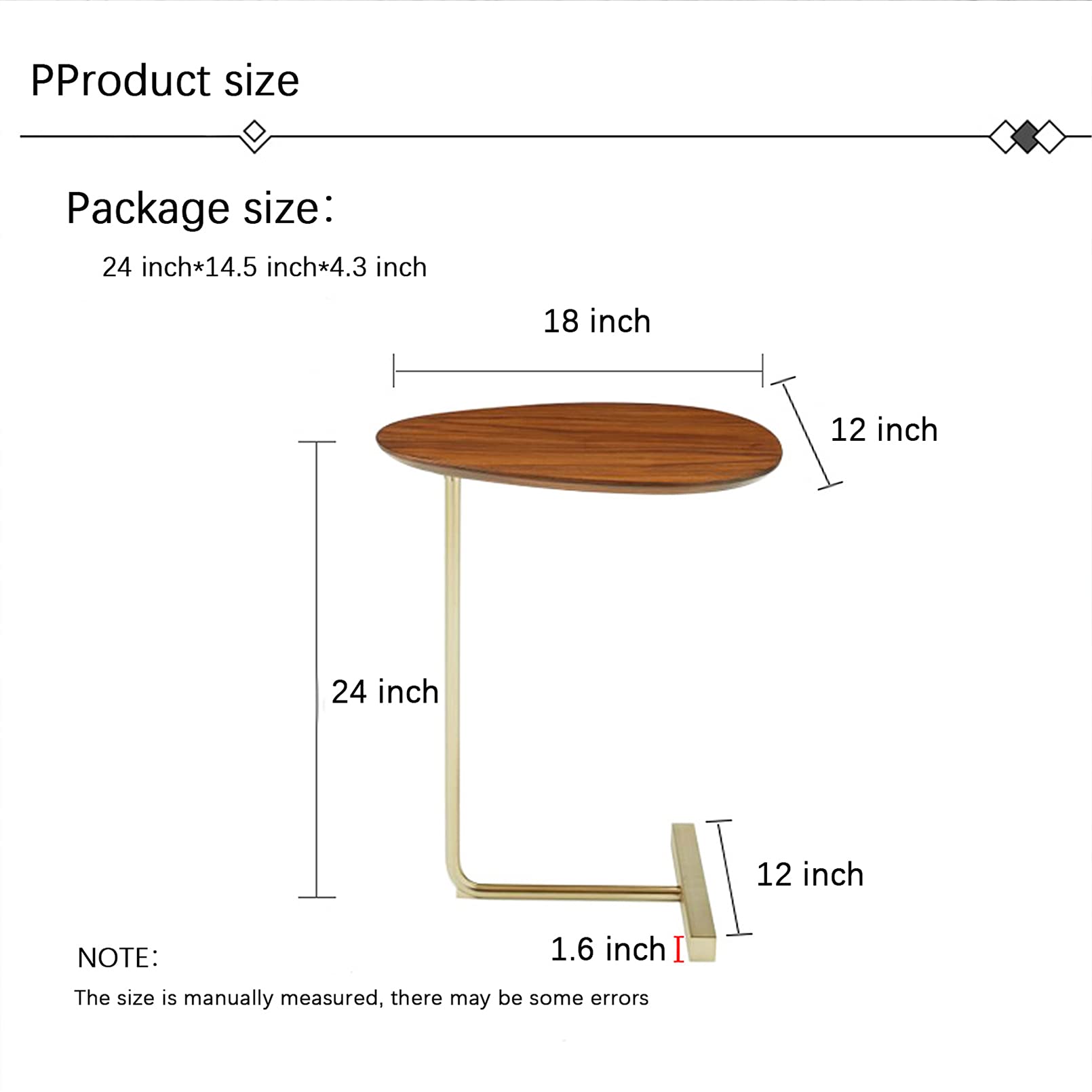 Modern Round C-Shaped Side Table - 24 Inch Small Narrow End Table for Bed, Sofa & Living Room - Wood & Metal Coffee Snack TV Tray - Brown - Perfect for Bedroom, Lounge & Movie Nights