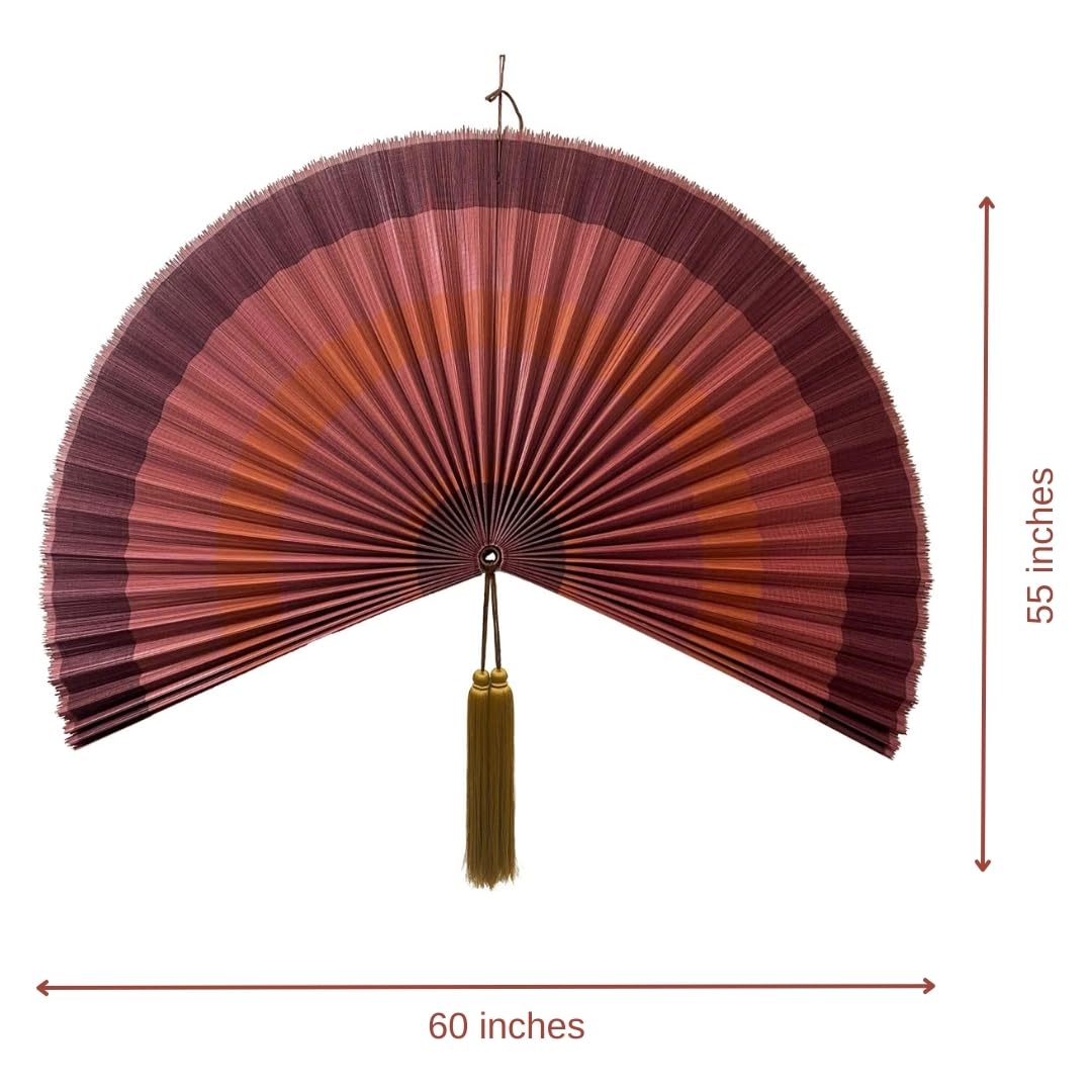 Large Japanese Bamboo Fan Wall Decor - 60 Inch Boho Hanging Headboard Art, Decorative Folding Fan for Over Bed Decor, Terracotta Wall Art for Living Room, Bedroom & Zen Home Decor