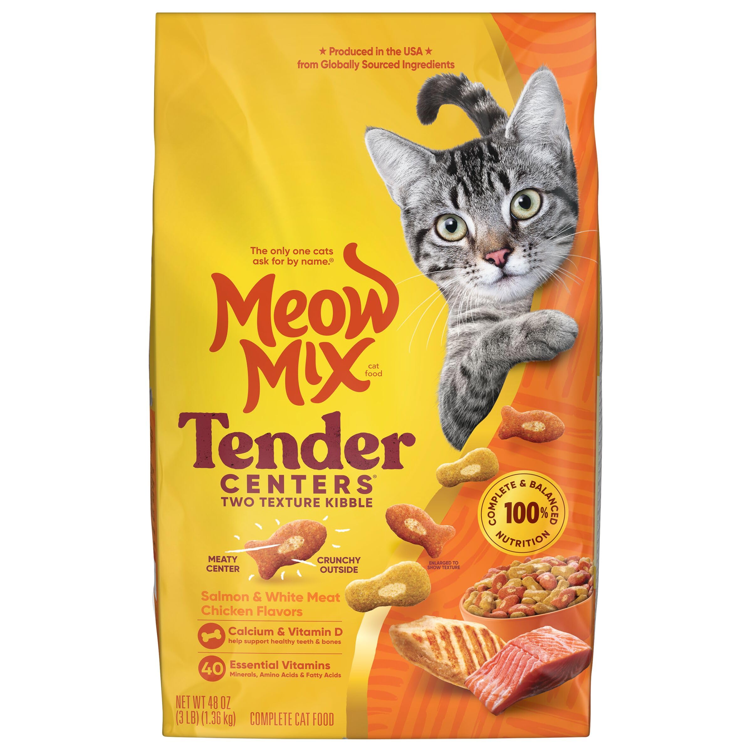 Meow Mix Tender Centers Dry Cat Food - Salmon & Chicken Flavor, 3lb Bag - Crunchy Outside with Meaty Inside for Adult Cats - Perfect for Daily Feeding & Weight Management