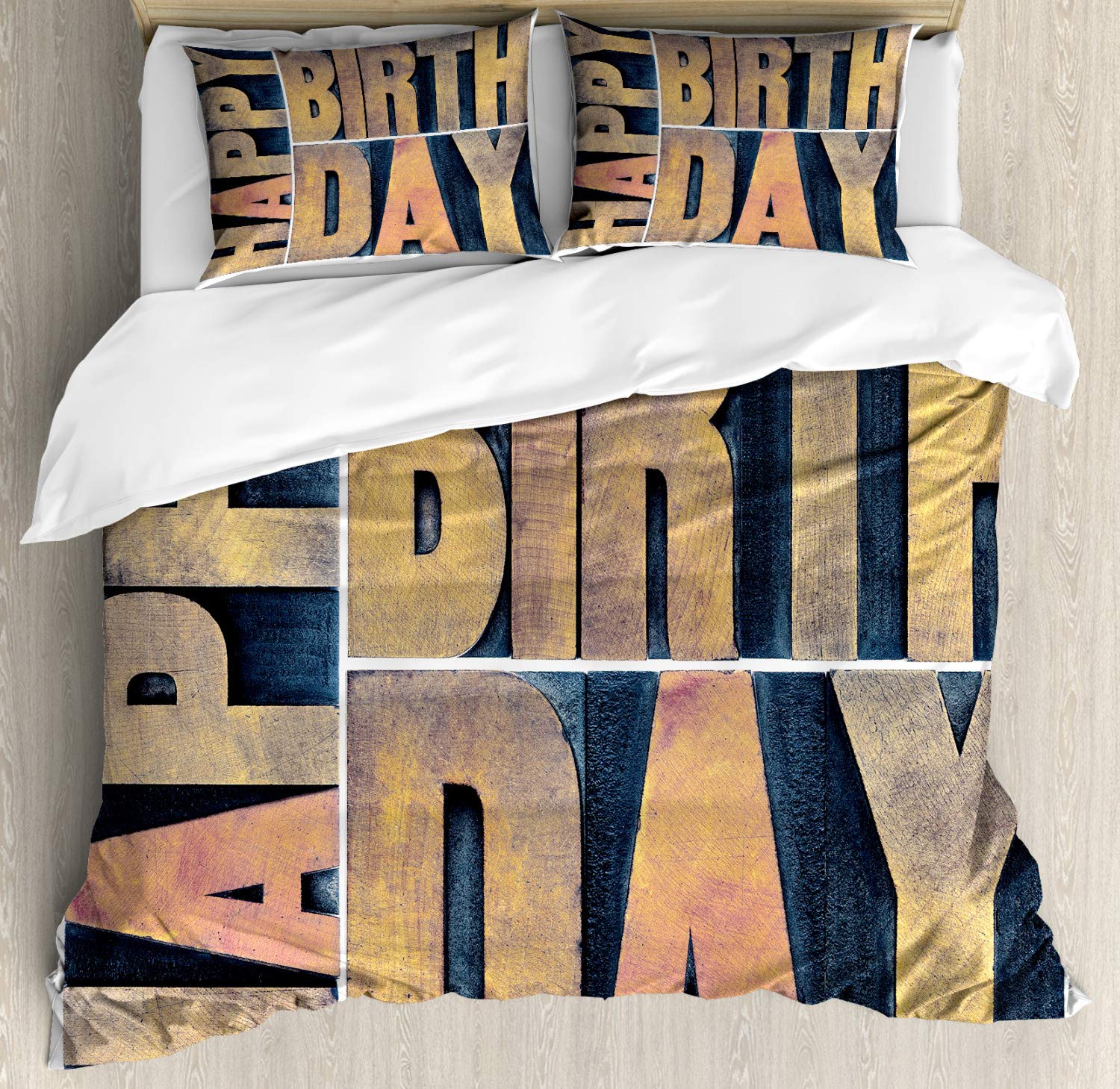 Ambesonne Birthday Duvet Cover Set - Vintage Letterpress Wood Type Printing Blocks Design, Typography Art 3-Piece Bedding Set with 2 Pillow Shams, California King Size, Pale Brown & Dark Blue - Perfect for Birthday Gifts, Home Decor, and Bedroom Makeovers