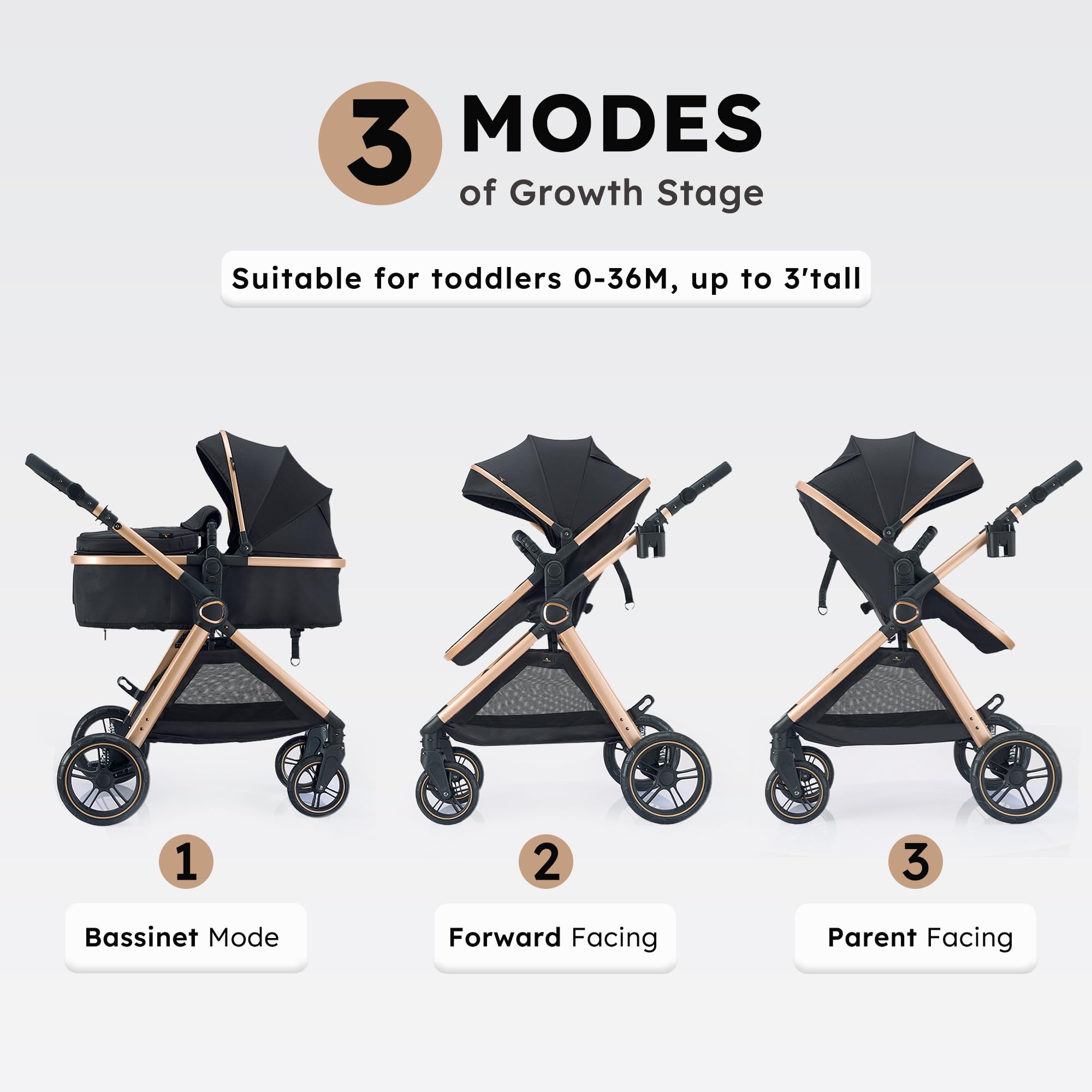 2 in 1 Baby Stroller & Convertible Bassinet Pushchair for Newborns to Toddlers 0-36 Months - Lightweight Travel Stroller for Shopping, Park Walks & Airplane Travel