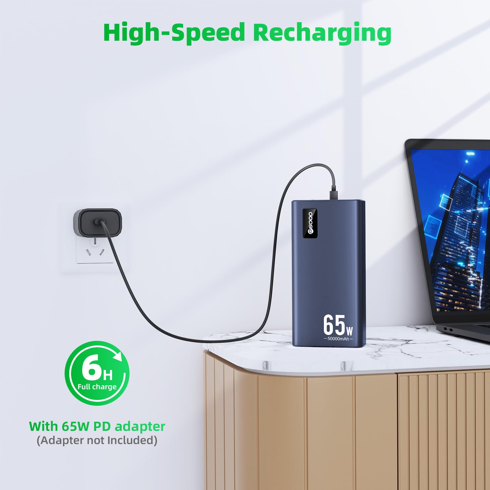 65W 50000mAh Fast Charging Power Bank - USB C PD Portable Charger for MacBook, Dell Laptops, iPhone 14/13, Tablets & Phones - 3 Outputs & 1 Input (Blue) | Perfect for Travel, Camping & Emergency Power Backup