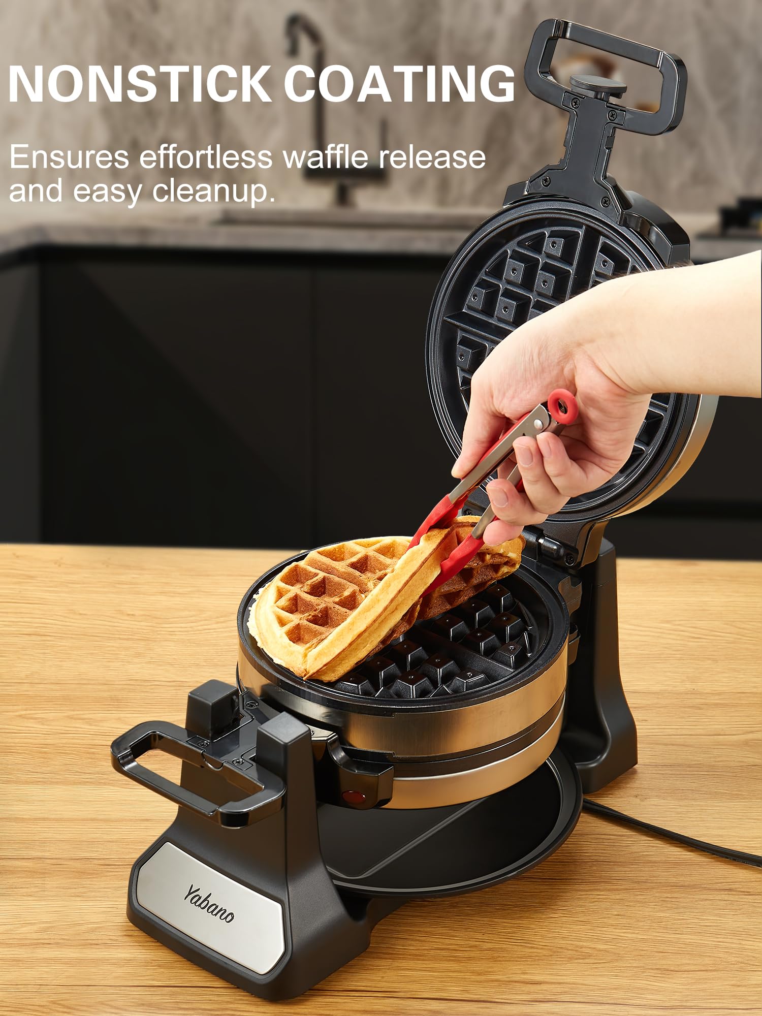 Yabano Belgian Waffle Maker - Professional Rotating Waffle Iron with Nonstick Plates, Removable Drip Tray & Cool-Touch Handles - Perfect for Breakfast, Brunch & Family Gatherings - Stainless Steel Double Flip Waffle Machine for Homemade Belgian Waffles