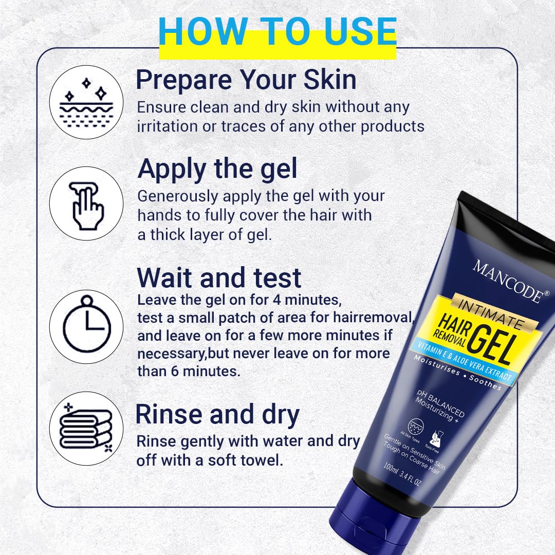 Mancode Intimate Hair Removal Gel for Men – Fast & Painless Depilatory Cream, Soothing Formula for Sensitive Skin & Coarse Pubic Hair, 100ml – Ideal for Grooming, Bikini Line & Body Hair Removal