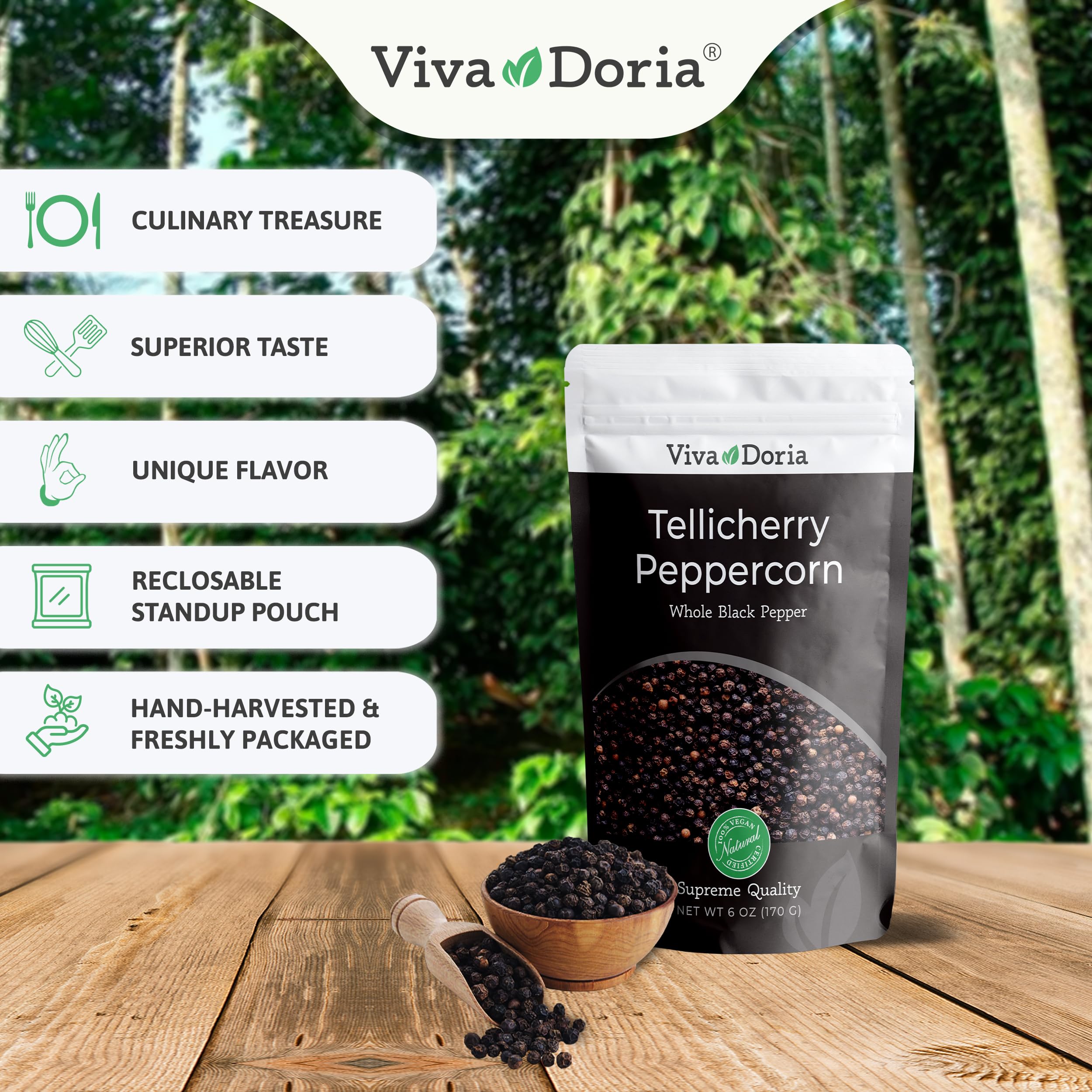 Viva Doria Tellicherry Whole Black Peppercorns - 6 Oz Steam Sterilized Premium Black Pepper for Grinder Refill | Perfect for Cooking, Seasoning & Gourmet Dishes