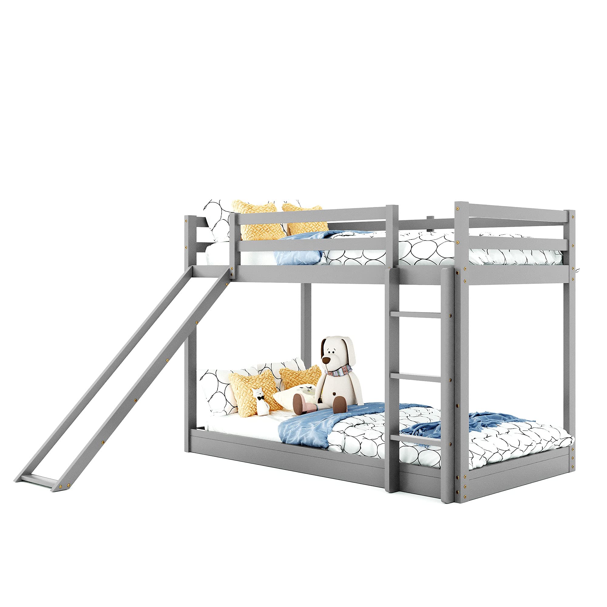 RUNNA Twin Over Twin Wood Bunk Bed with Convertible Slide & Ladder - Space Saving Kids Bunk Bed Frame with Full-Length Guardrail - Convertible to Loft Bed (Gray+Wood) - Perfect for Small Bedrooms, Shared Kids Rooms & Vacation Homes