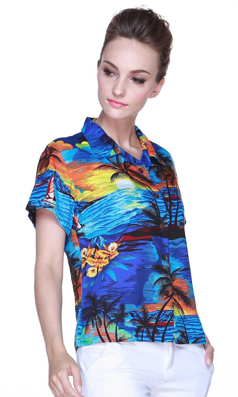 Hawaiian Luau Outfits for Family - Matching Tropical Shirts & Dresses for Men, Women, Boys & Girls in Sunset Blue | Beach Party, Summer Vacation & Theme Party Wear