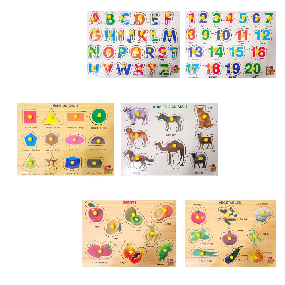 Wooden Learning Boards for Kids & Adults - Educational Wooden Puzzle Toys Set (ABCD, Numbers 1-20, Shapes, Animals, Fruits, Vegetables) - Perfect for Early Childhood Education, Montessori Learning & Family Game Night
