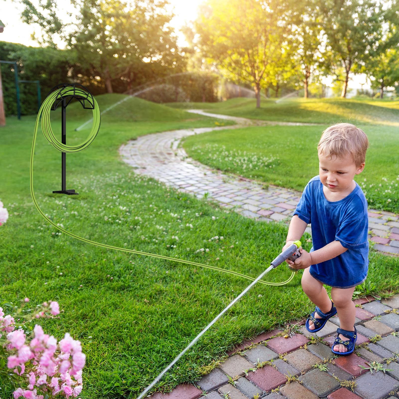 ROSSNY Heavy Duty Metal Hose Stand - Detachable Freestanding Garden Hose Holder with 3 Long Spiky Feet for Outdoor Use | Durable Hose Hanger & Storage Solution for Lawn, Yard, and Garden Watering Needs
