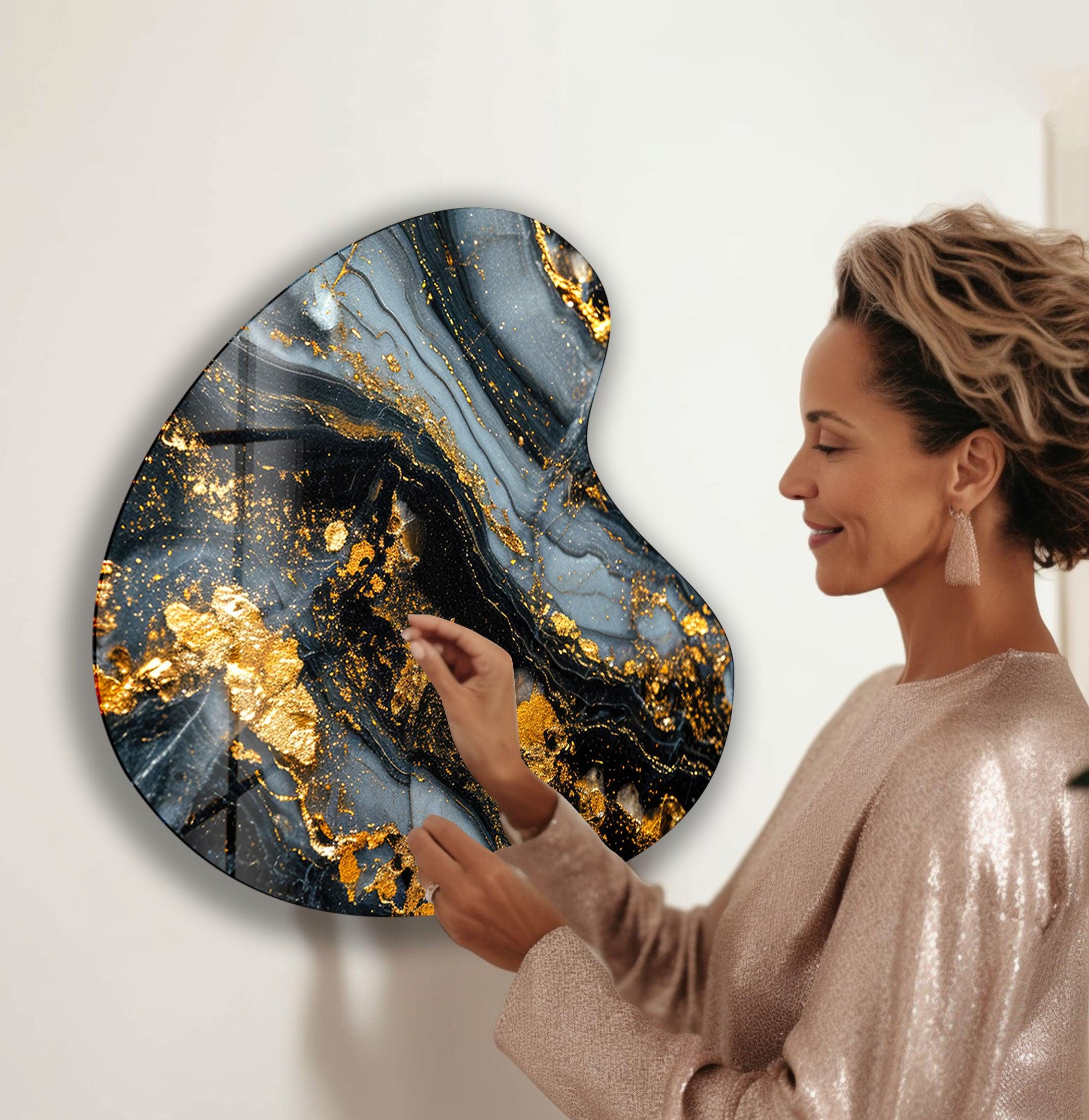 Black Marble Style Irregular Glass Wall Art - Modern Abstract Home Decor for Living Room, Bedroom & Office - Unique Handmade Glass Artwork for Wall Decoration