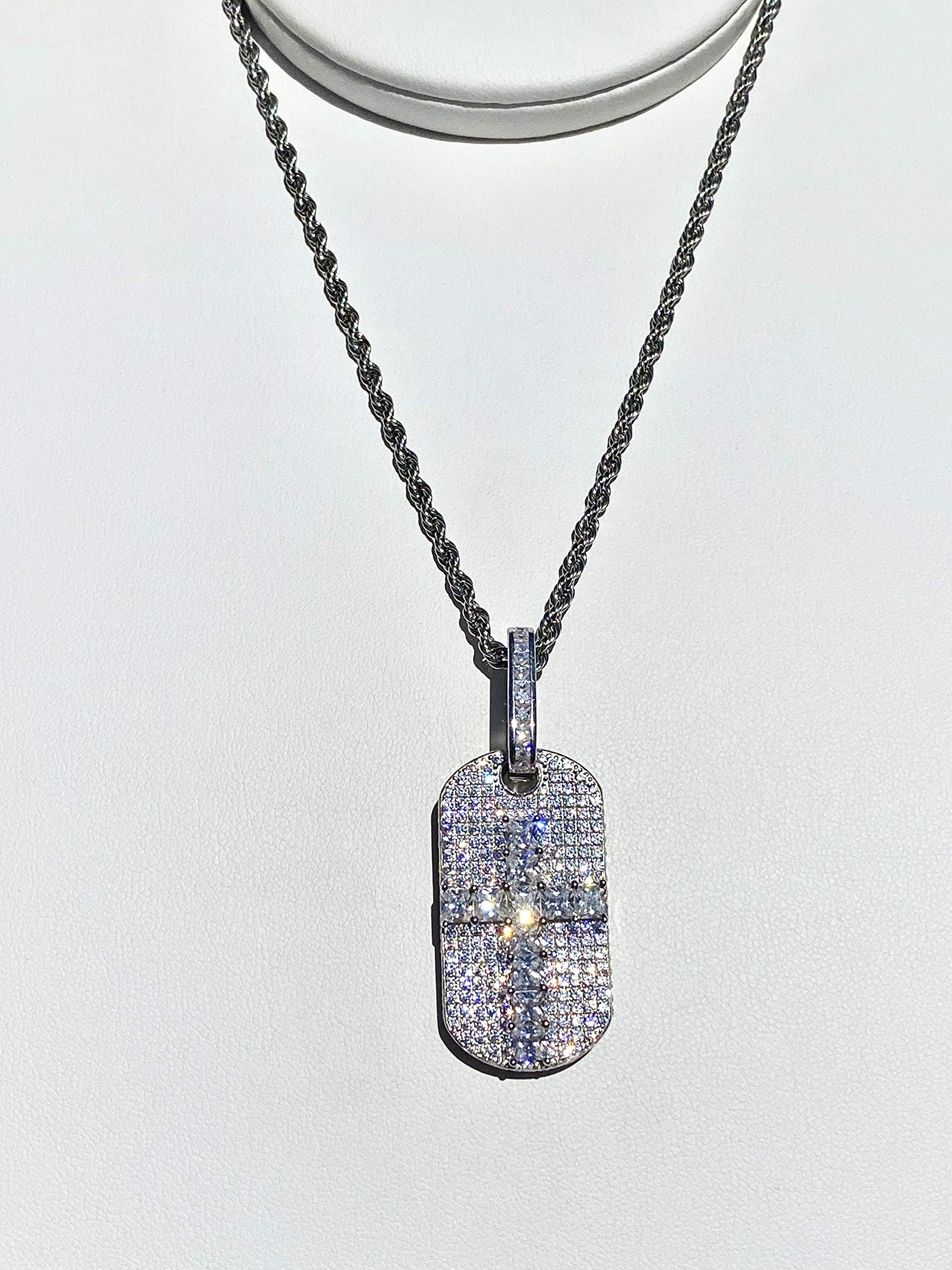 925 Sterling Silver Iced Out Dog Tag Pendant Necklace for Men & Women - Stainless Steel 2mm Rope Chain 16