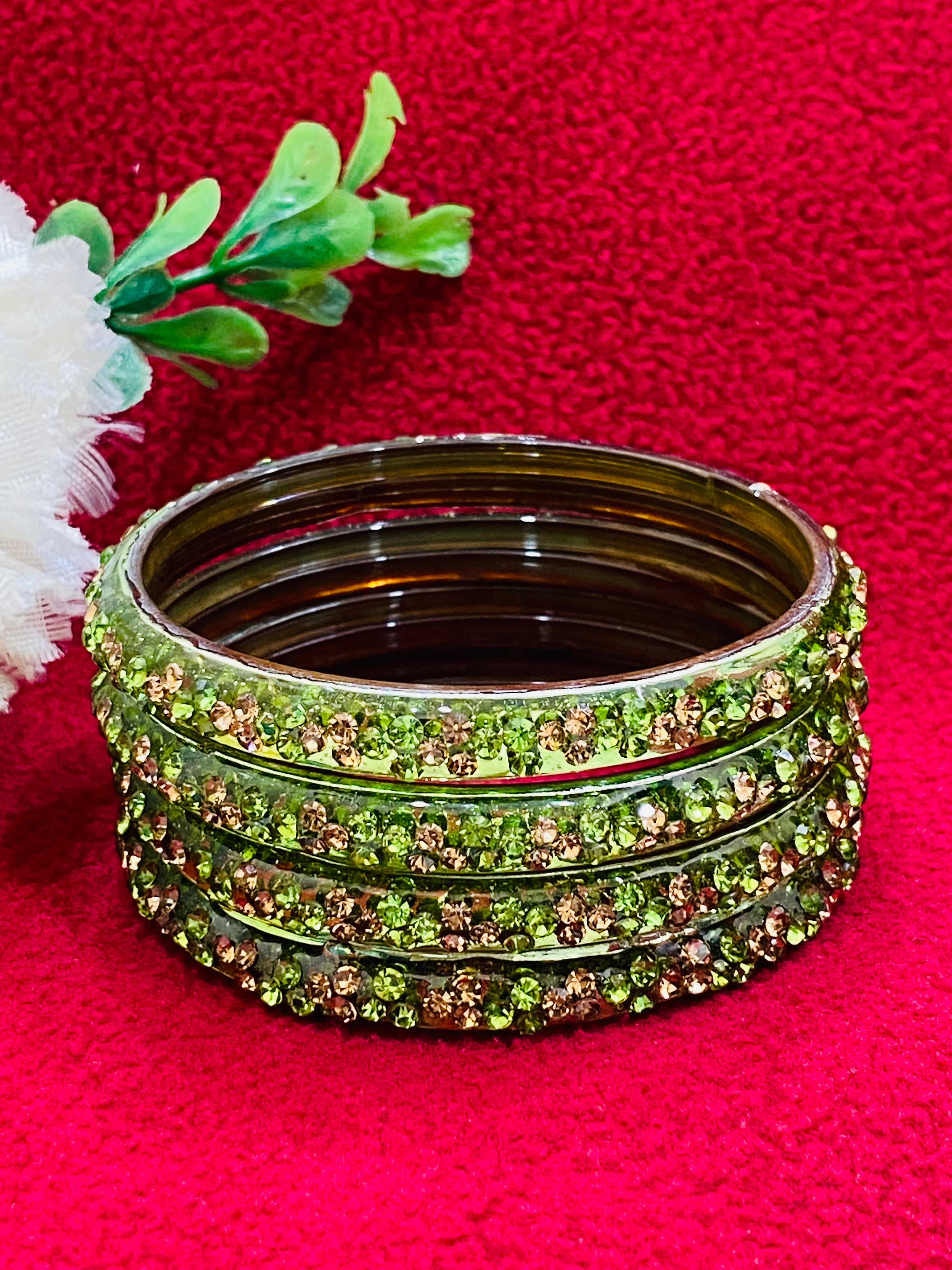 Elegant Light Green Stone-Design Glass Bangles for Women - Perfect for Parties, Weddings & Special Occasions