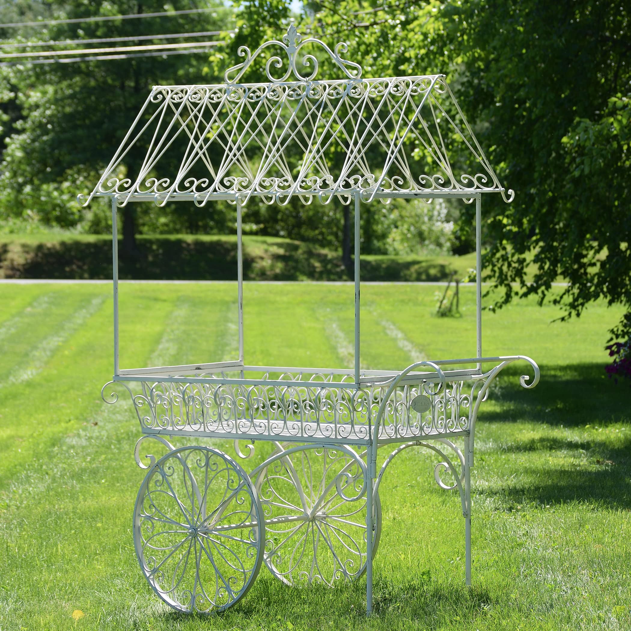 Distressed White Large Flower Cart with Roof & Wheels - Perfect for Garden Decor, Outdoor Weddings, and Farmers Market Displays