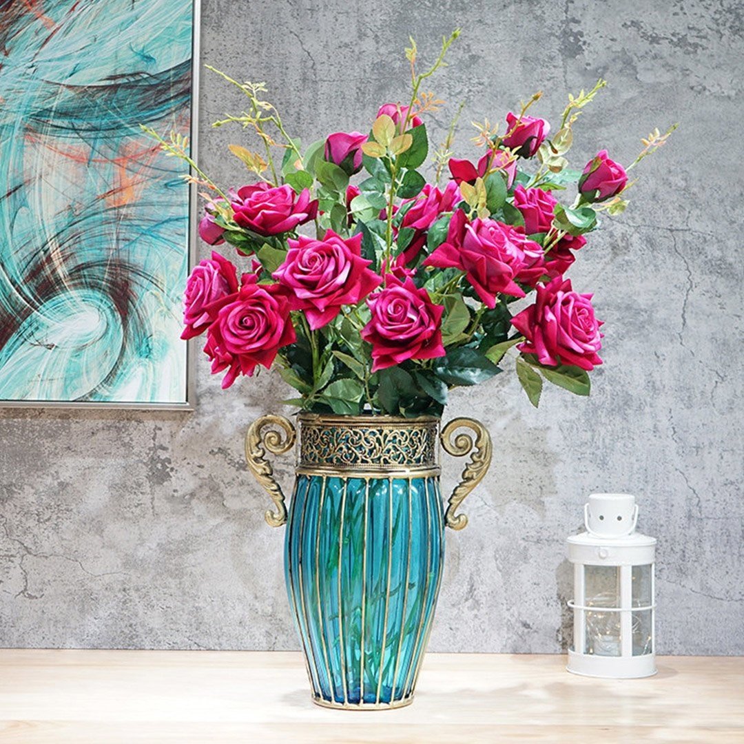 Blue Glass Flower Vase with 8 Bunch 5 Heads Artificial Silk Roses - Elegant Home Decor for Living Room, Wedding Centerpiece, Dining Table Decoration