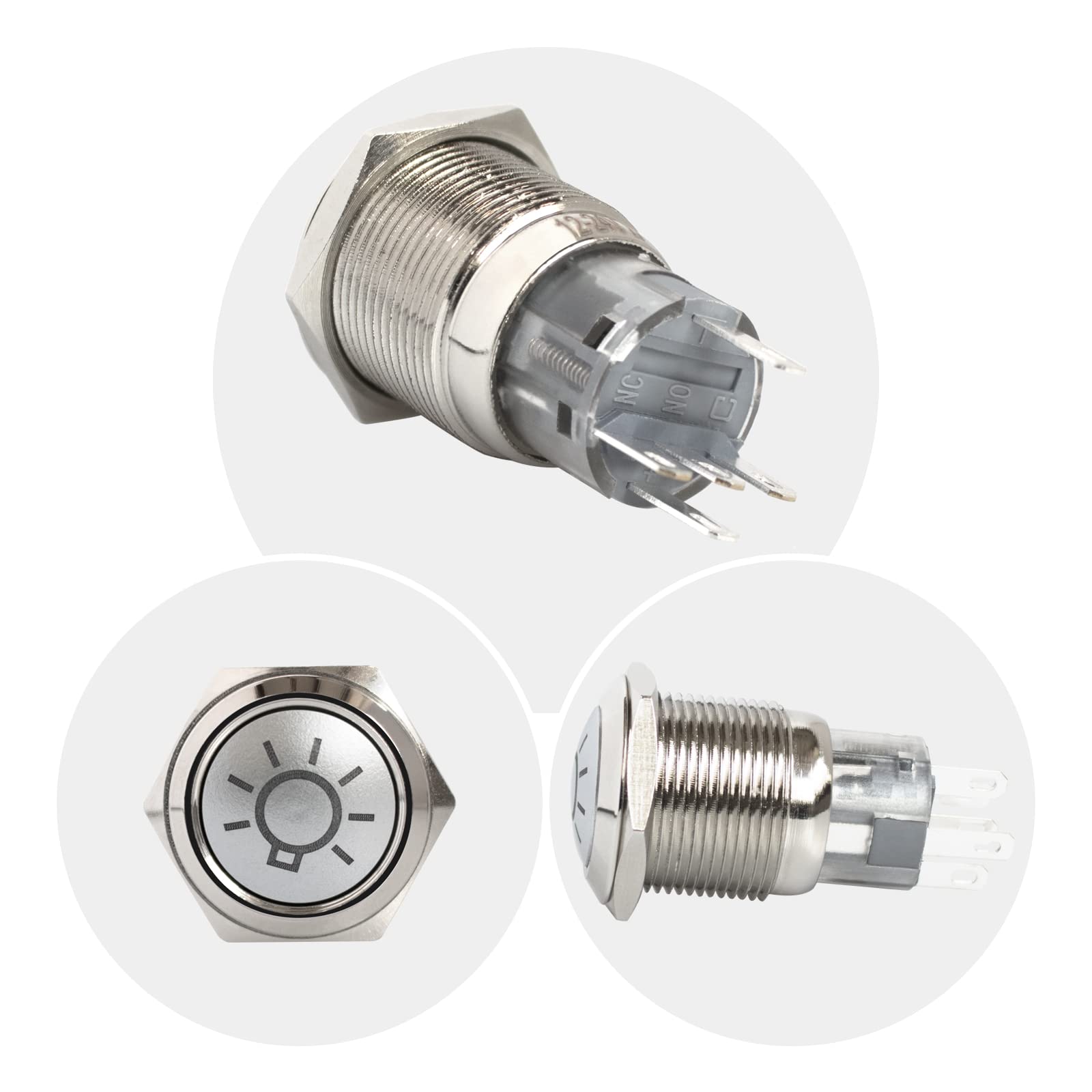19mm Latching Metal Push Button Switch with Light Bulb Symbol - White LED Illumination, 5-Pin Waterproof Self-Locking Switch (12V/24V) with Cable Socket - Perfect for Marine, Industrial Equipment & Automotive Control Panels