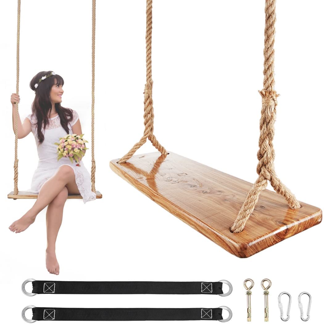 Premium Wooden Tree Swing for Adults & Kids - 500lbs Weight Capacity, Adjustable Hemp Rope with 100-inch Tree Straps - Indoor/Outdoor Hanging Swing for Garden, Yard, Backyard - Perfect for Relaxation, Play & Family Bonding Time